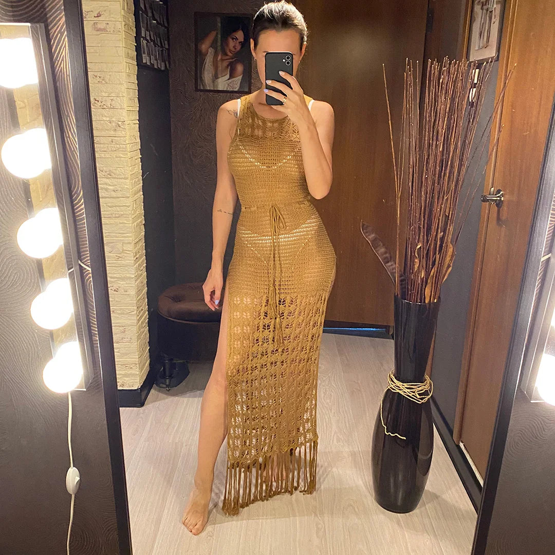 S- XL Fringe Tassel Side Slit Knitted Crochet Dress Hollow Out Boho Maxi Long Dress Beach Cover-ups Beach Dress Beachwear DV3802