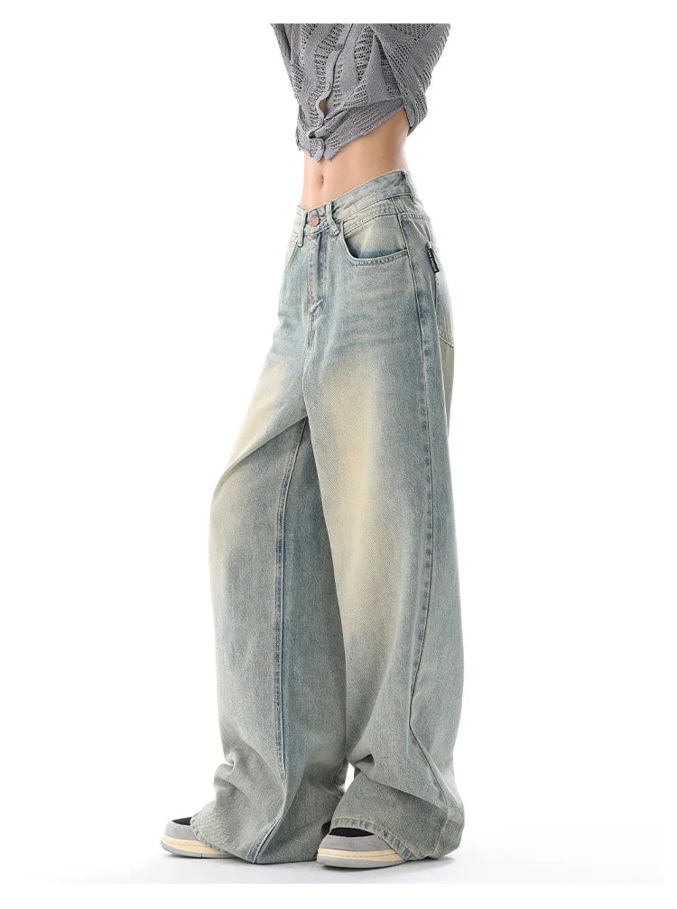 Personality Street Vintage Light Blue Wide-leg Jeans, Spring and Summer New Fashion Casual Loose Floor Length Jeans for Women