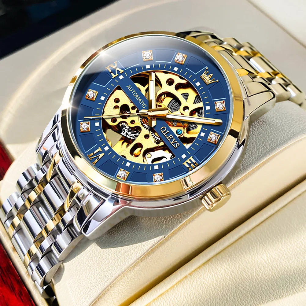OLEVS Skeleton Watch Men Waterproof Luminous Casual Automatic Mechanical Watche Sports Men Black Steel Wristwatch Reloj Hombre