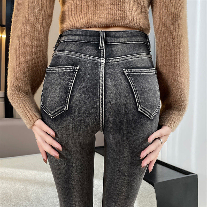 Women Winter Thermal Jeans Snow Warm Stretchy Skinny Vintage Jeans Lady Denim Pencil Pants Casual Daily High Waist Trousers
