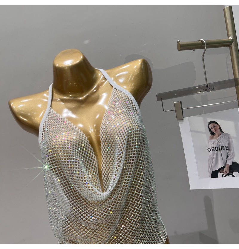 Women's Summer 2023 Sexy Rhinestone Solid Color Camisole Tie Backless Bandage Corset Top Fashion Peplum
