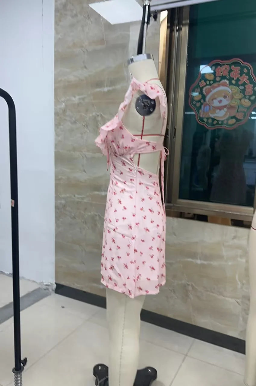 hirigin Women Mini Dress Sleeveless V Neck Backless Tie-up Floral/Dots Summer A-line Dress for Club Party Holiday Beach Sundress