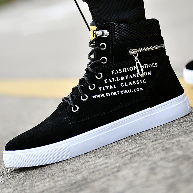 Mens British Style Canvas High-top Sneakers - Lace-up Closure, Casual All-Match, Trendy Design with Decorative Zippers
