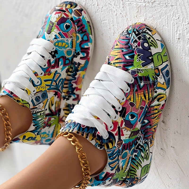 Women's Lace-Up Low-Top Sneakers - Thick Platform Sole for Stability & Height - Non-Slip MD Outsole - Bold Black/Red/White Graffiti Print - Synthetic Leather Upper - Skateboarding, Streetwear, Everyday Shoes - All-Season Wome