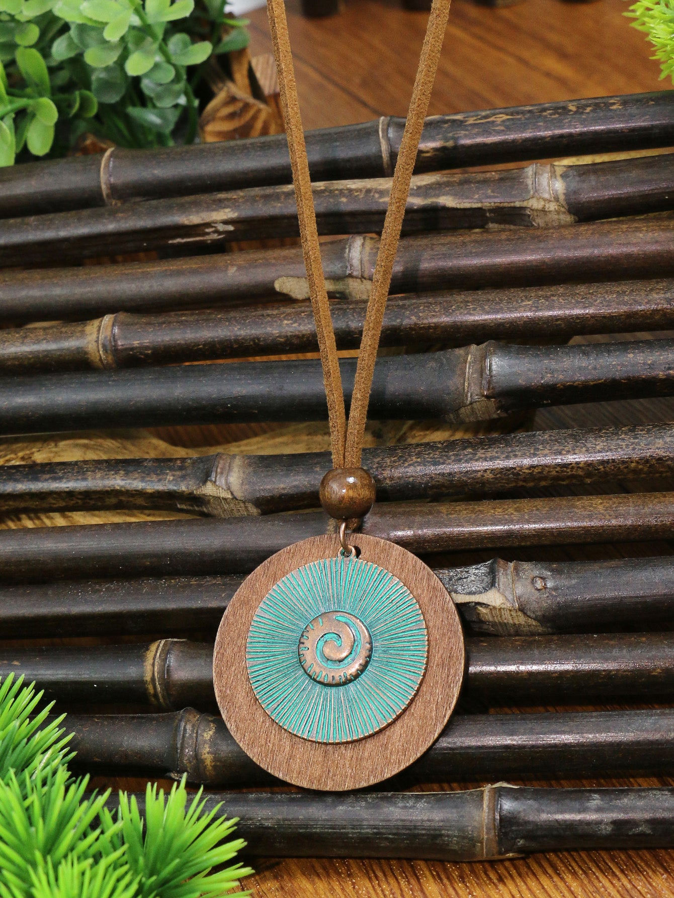 3 Pieces Vintage Wood Round Bronze Alloy Double Layer Pendant Geometric Totem Leather Beaded Rope Chain Earrings Necklace Set