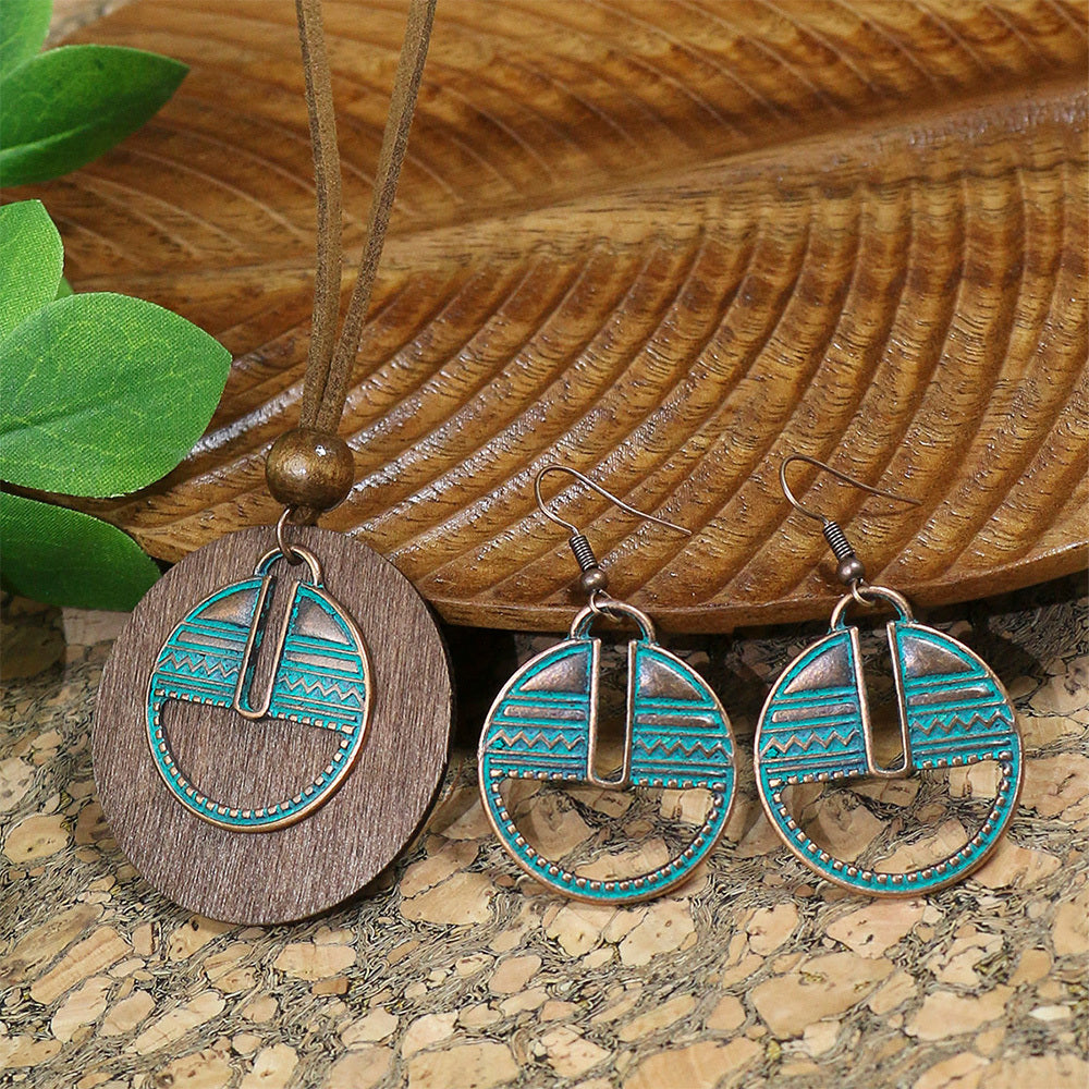 3pack Ancient Folk Wooden Round Plus Geometric Ancient Copper Layered Charm Earrings Necklace Set