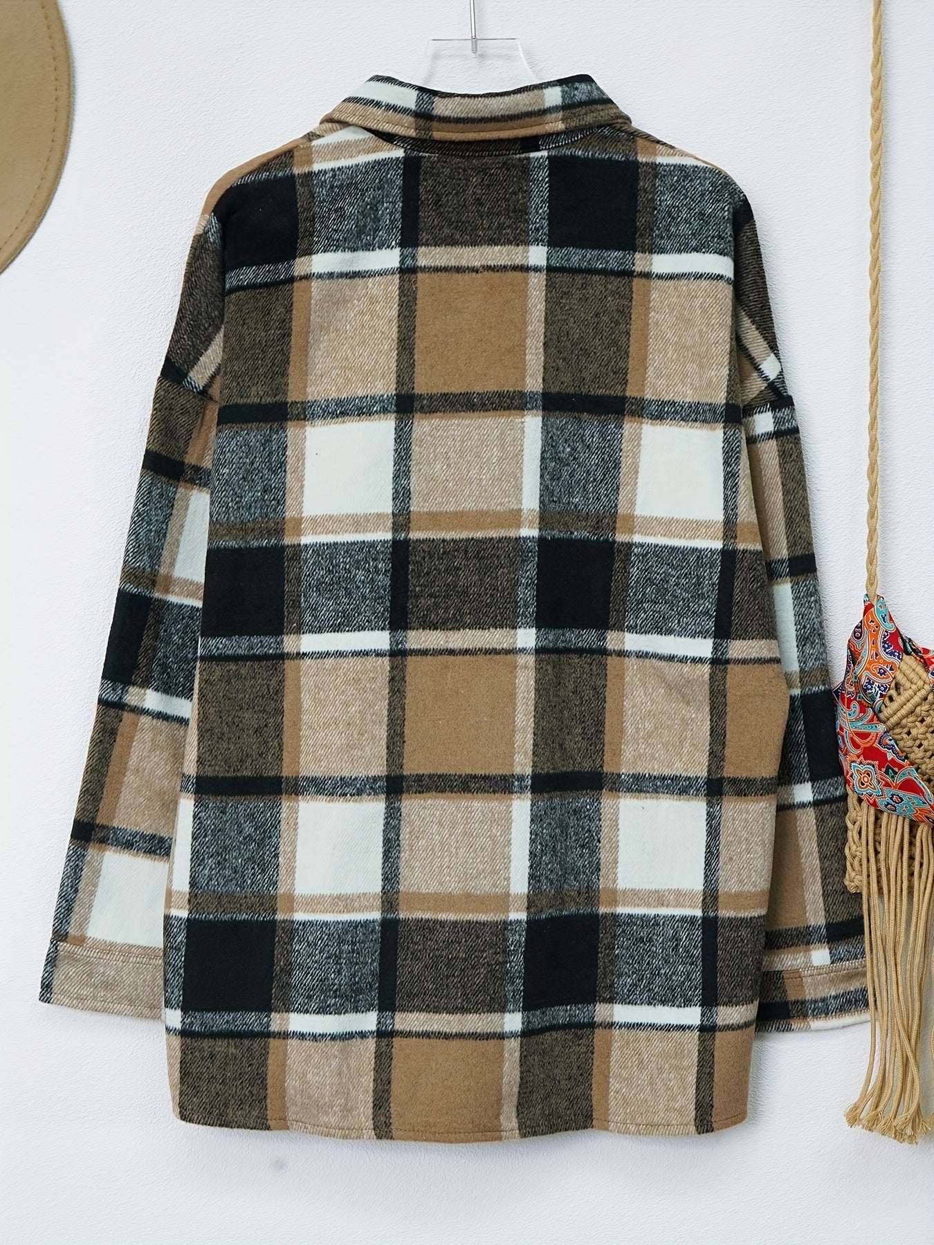 Drop Shoulder Plaid Shirt Jacket, Loose Long Sleeve Casual Plaid Shacket For Spring & Fall, Women's Clothing