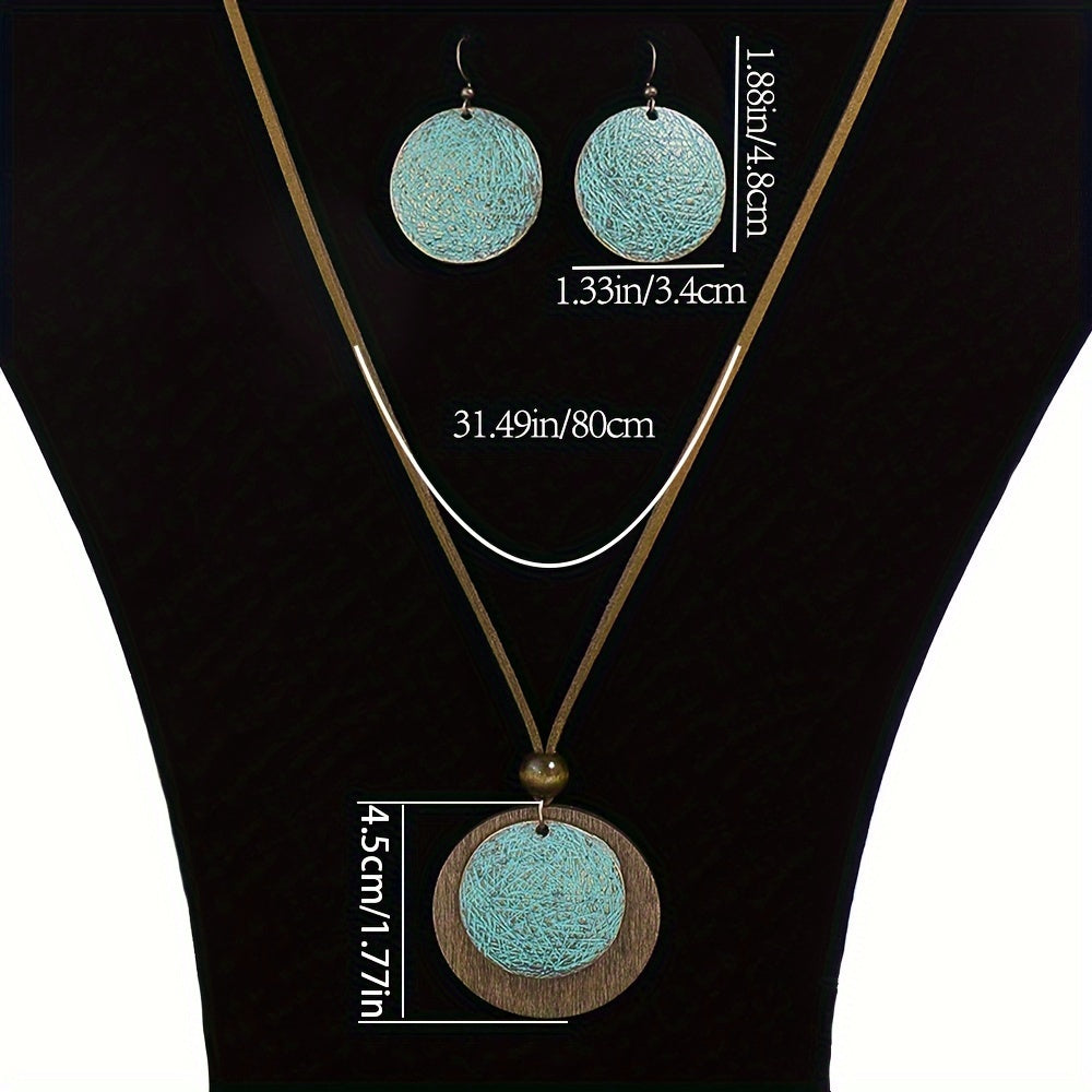 3pack Ancient Folk Wooden Round Plus Geometric Ancient Copper Layered Charm Earrings Necklace Set