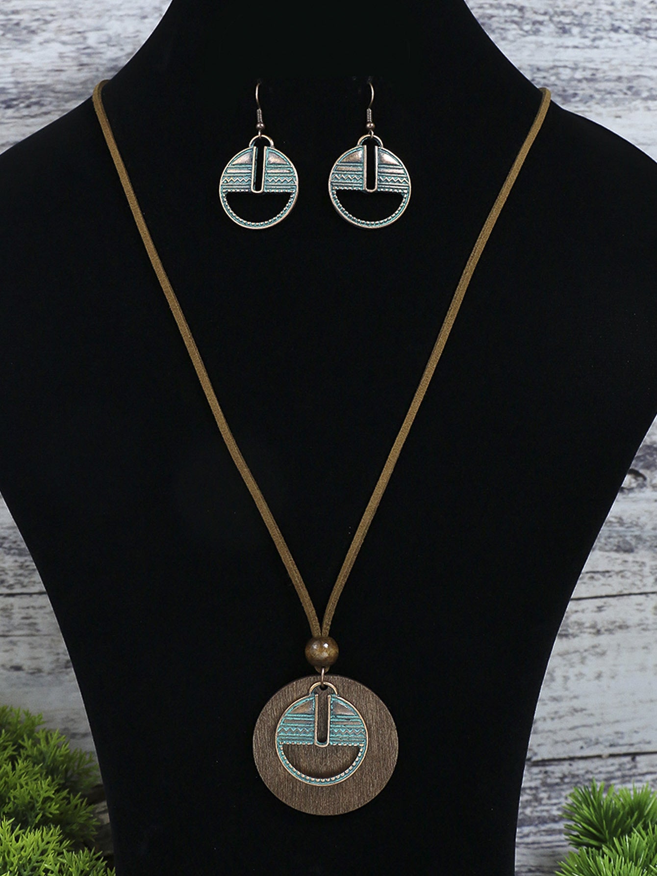 3pack Ancient Folk Wooden Round Plus Geometric Ancient Copper Layered Charm Earrings Necklace Set