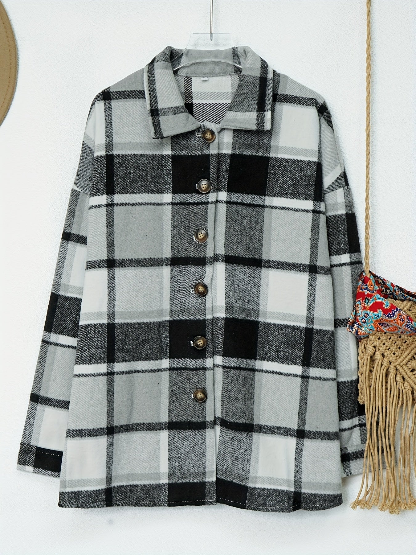Drop Shoulder Plaid Shirt Jacket, Loose Long Sleeve Casual Plaid Shacket For Spring & Fall, Women's Clothing
