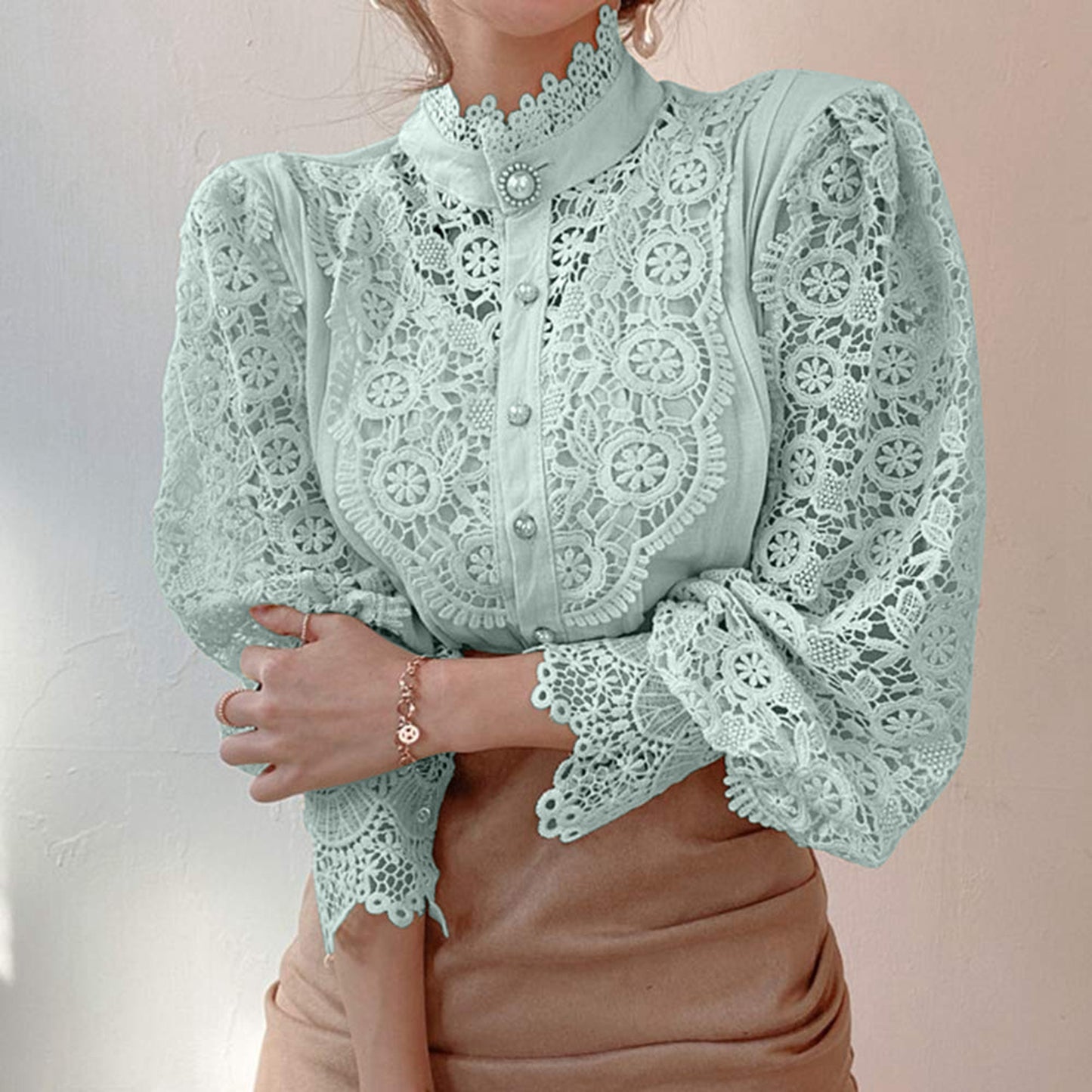 Women's Blouse Lace Puff Sleeve Lantern Sleeve Solid Pleated Women Blouse