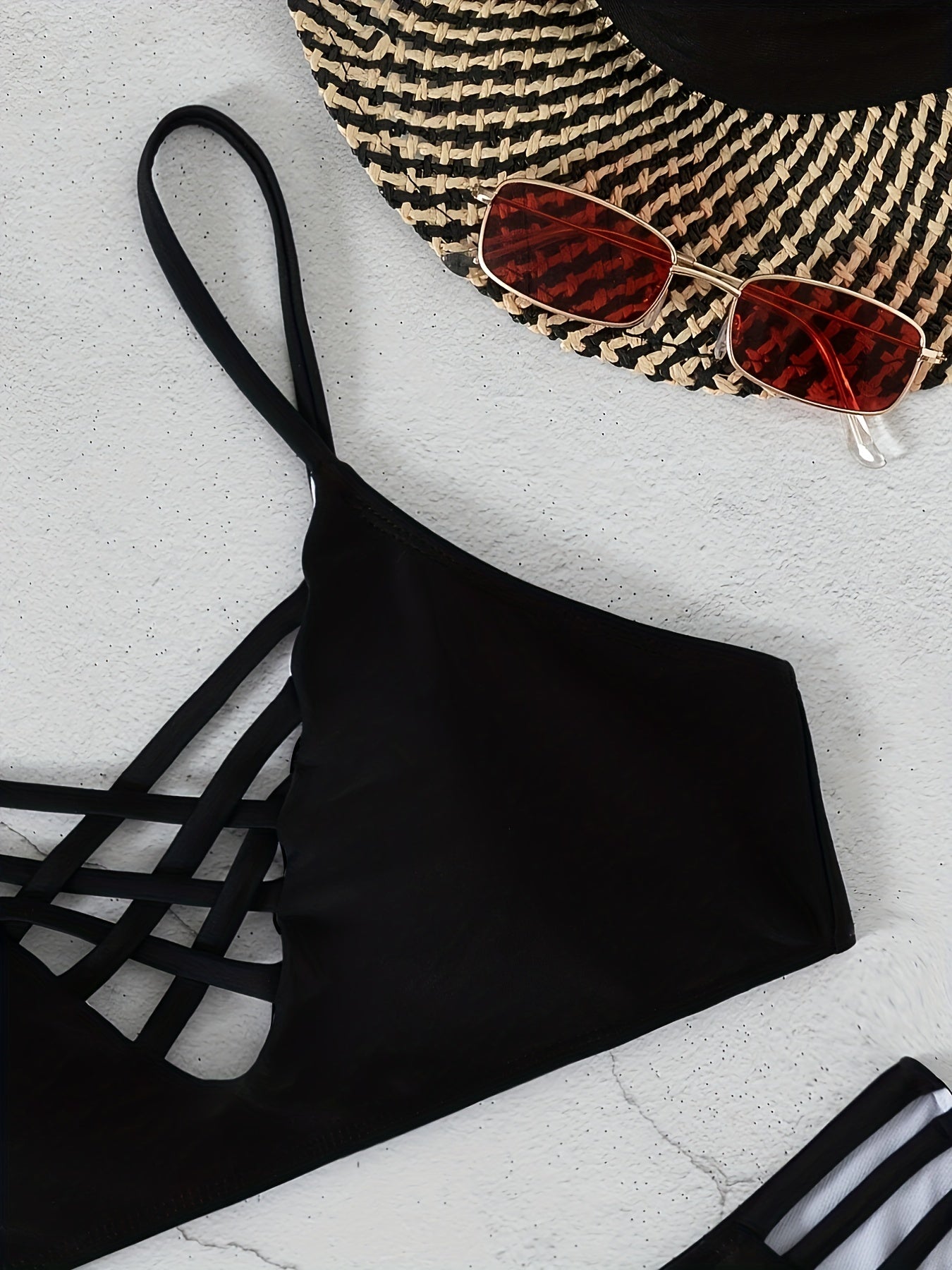 Chic Black Hollow Out Bikini Set - Flattering Criss Cross Front, Adjustable Spaghetti Straps, High Waist Buckled Design - 2 Pieces Womens Swimwear for Beach & Pool