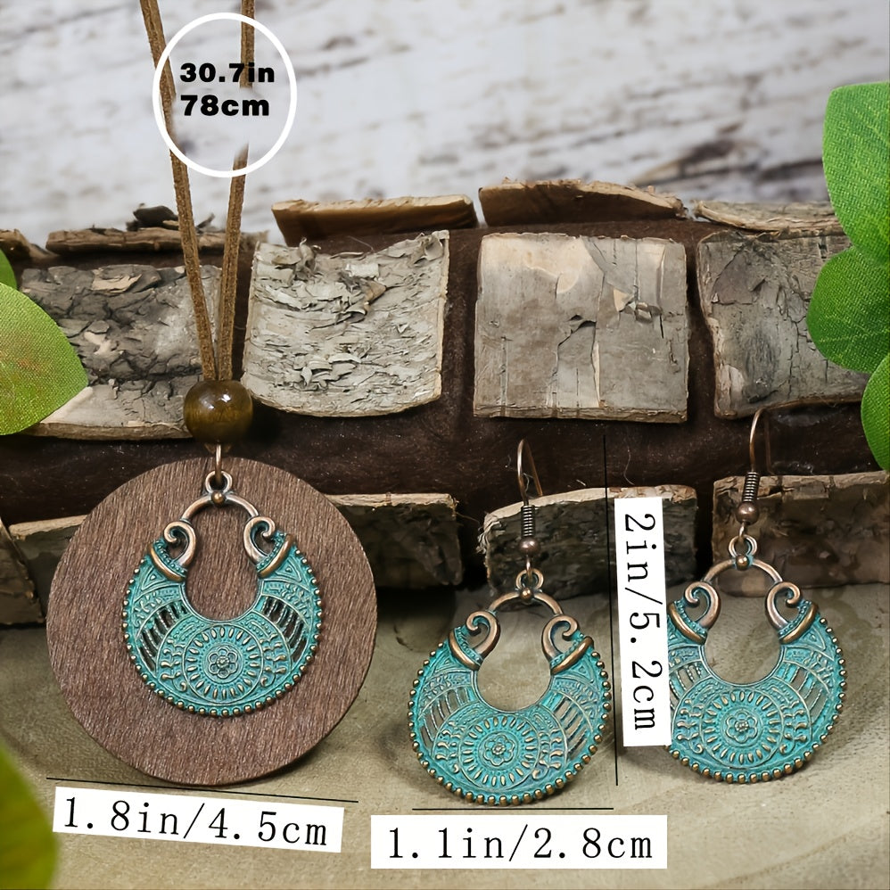 3pack Ancient Folk Wooden Round Plus Geometric Ancient Copper Layered Charm Earrings Necklace Set