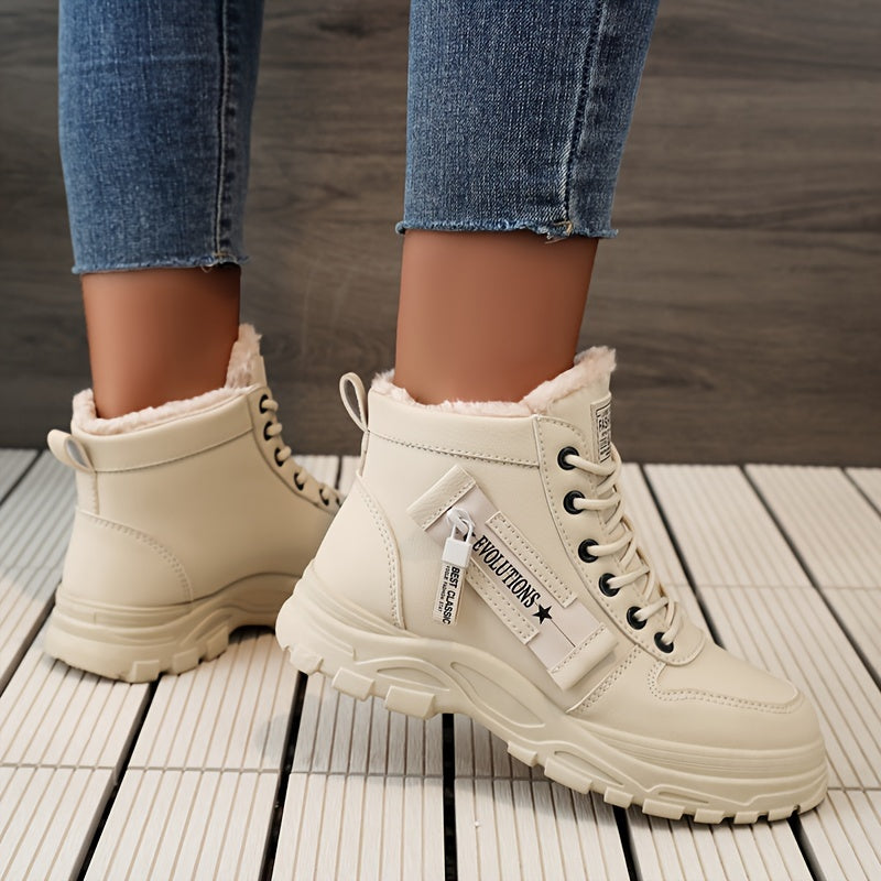 Women's Casual High Top Shoes, Winter Plush Lined Warm Shoes, Thick Soled Lace-up Sports Shoes plus size
