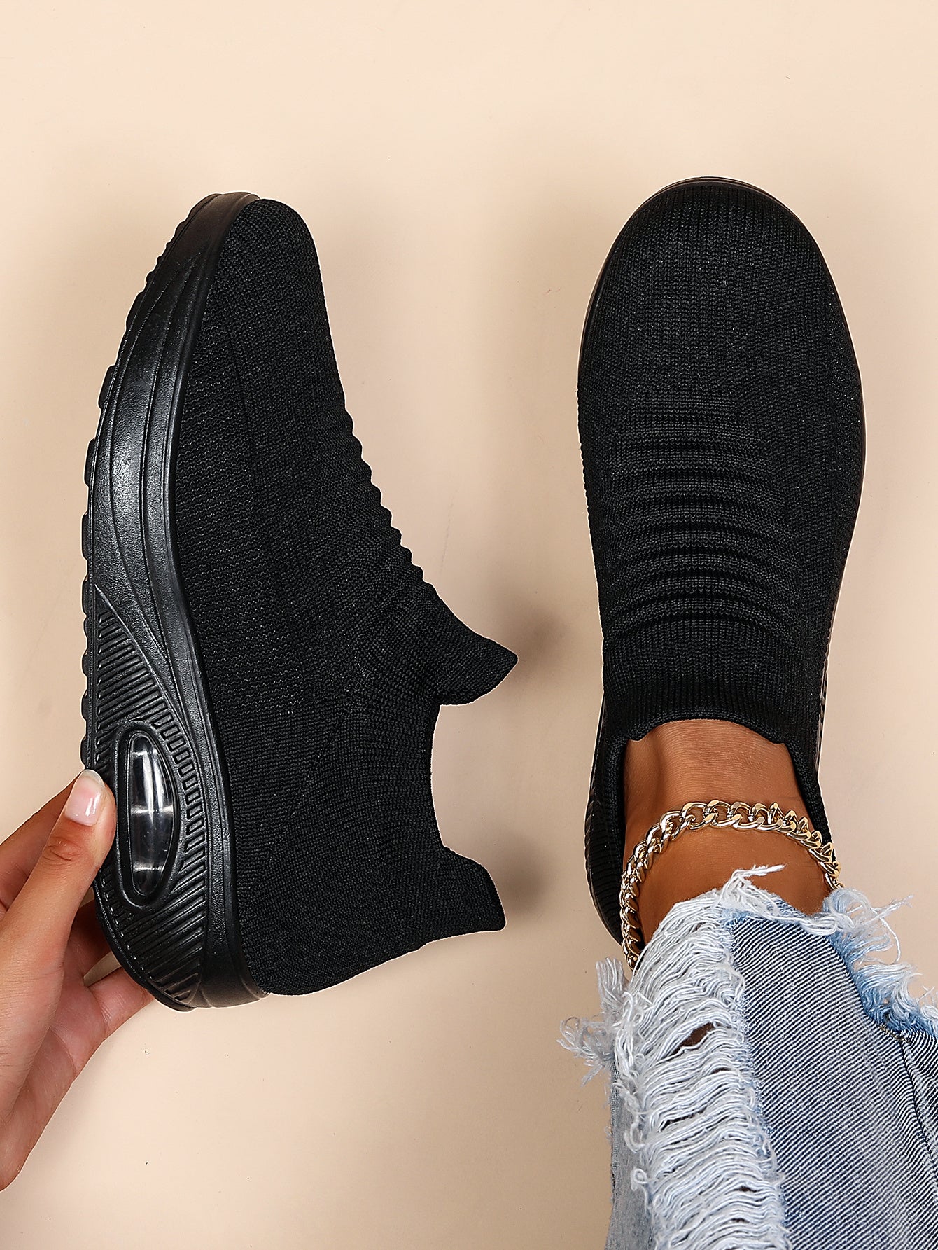 Women's Air Cushion Sneakers, Breathable Round Closed Toe Low Top Slip On Shoes, Women's Casual Knitted Shoes