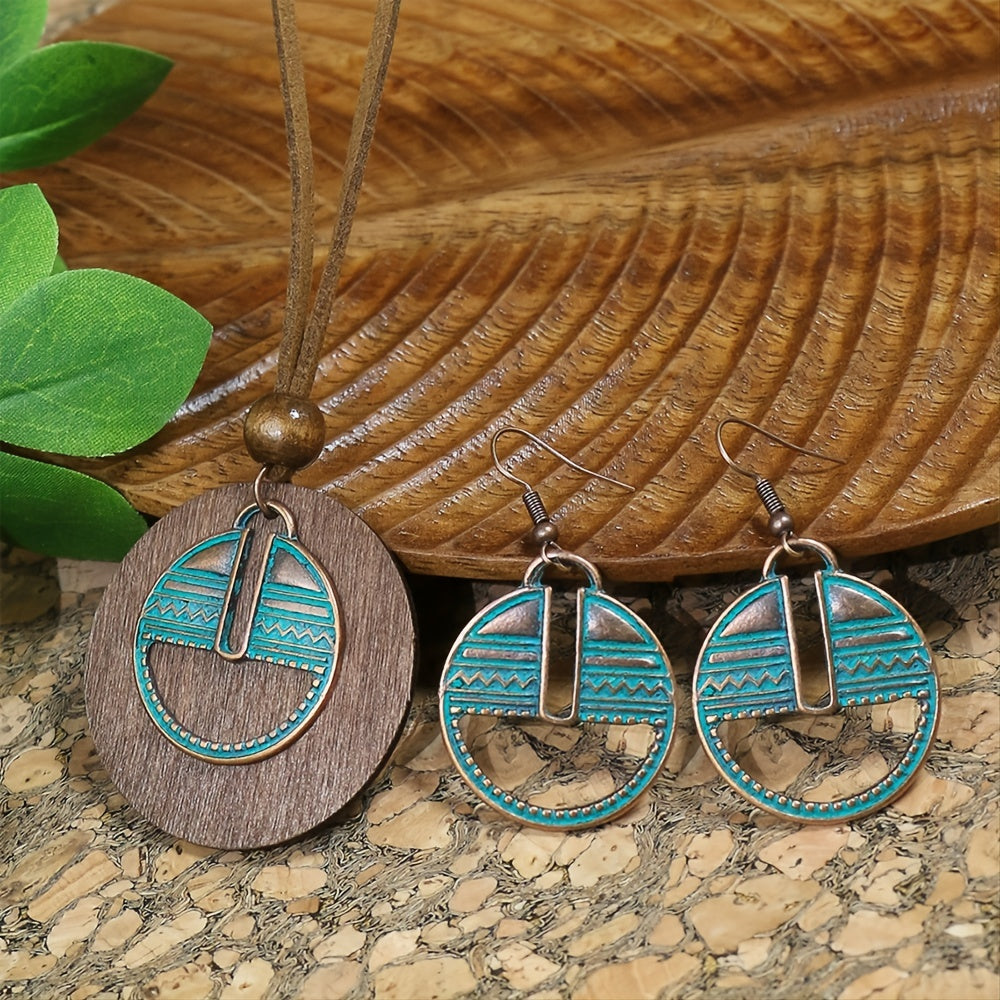 3pack Ancient Folk Wooden Round Plus Geometric Ancient Copper Layered Charm Earrings Necklace Set
