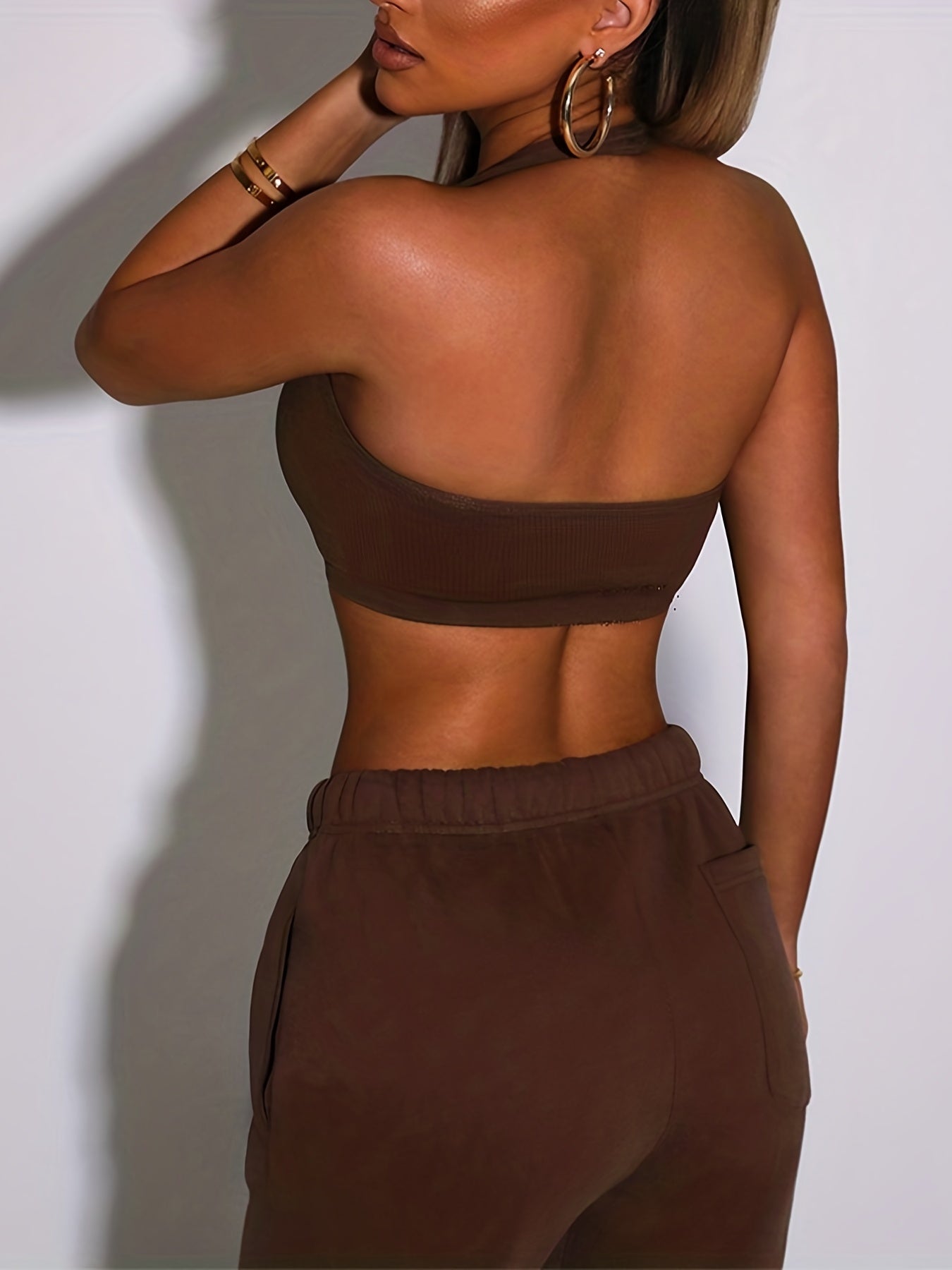 2pcs Halter Neck Crop Top & Drawstring Sweatpants Set, Women's Fashion Two Pieces Sports Set