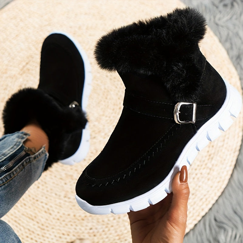 All-Season Thermal & Plush-Lined Women's Chelsea Boots with Side Zipper, Fluffy Trim, and Flat Platform Heel