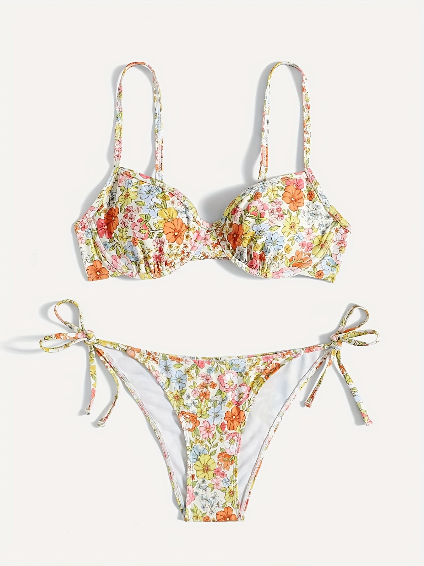 Glamorous Ditsy Floral Print Push Up Bikini Set - Underwire Support, Adjustable Tie Sides, Buckle Detail, High-Cut Silhouette, Womens Two-Piece Swimsuit