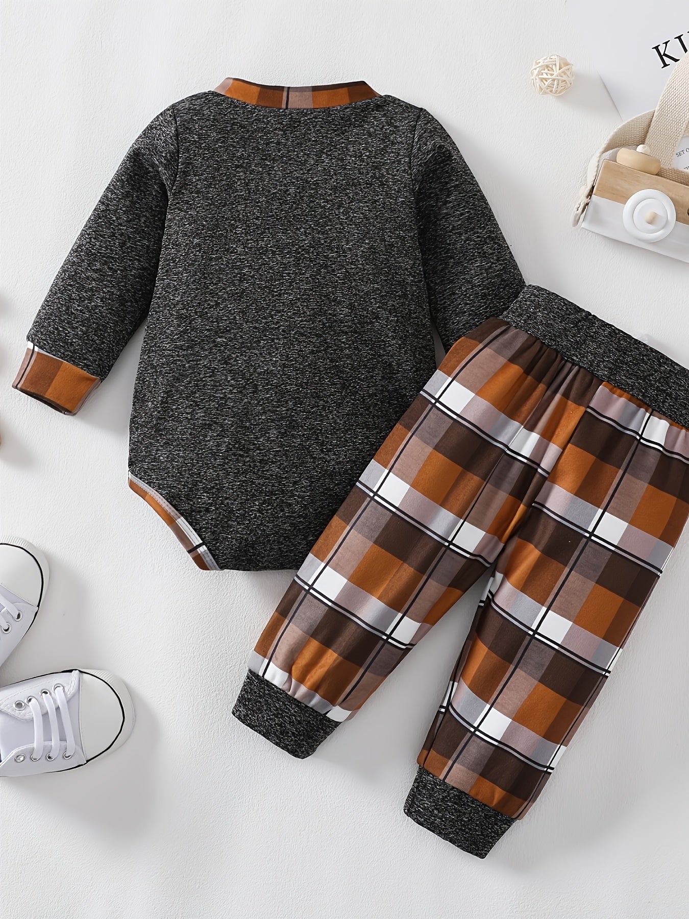 Newborn Infant Romper Long Sleeve Round Neck Bodysuit & Plaid Pants For Baby Boys Kids outdoor clothes