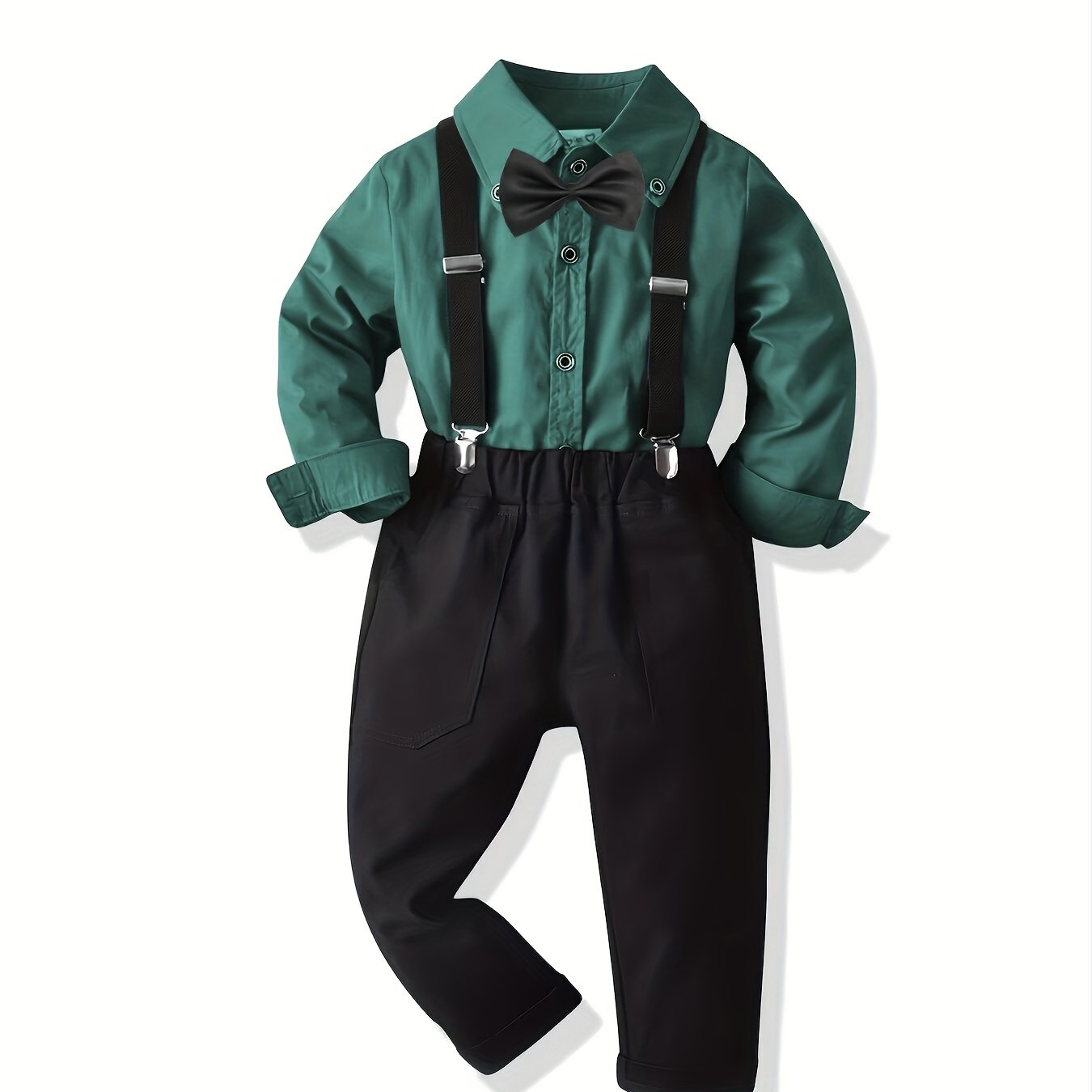 Toddler Boy's Gentleman Outfit 2pcs, Bowtie Decor Shirt & Overalls Set, Kid's Clothes For Speech Performance Birthday Party, Daily & Outdoor Wear