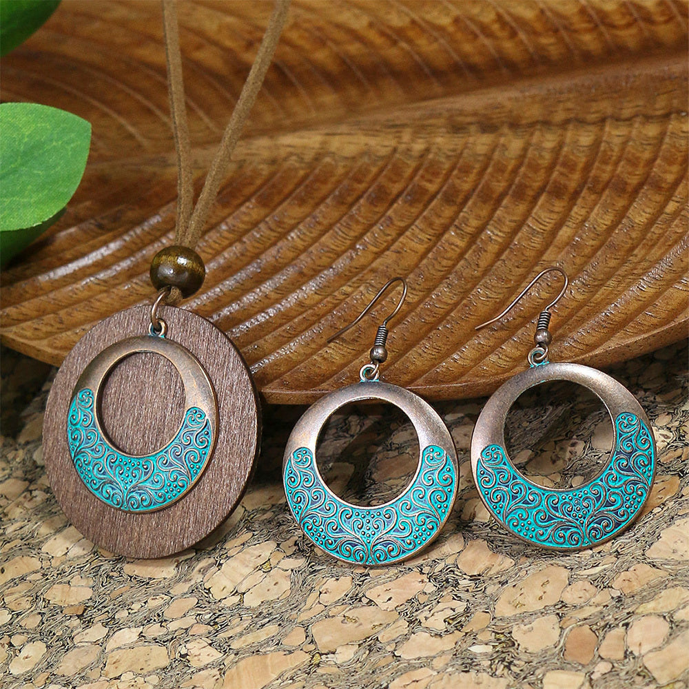 3pack Ancient Folk Wooden Round Plus Geometric Ancient Copper Layered Charm Earrings Necklace Set