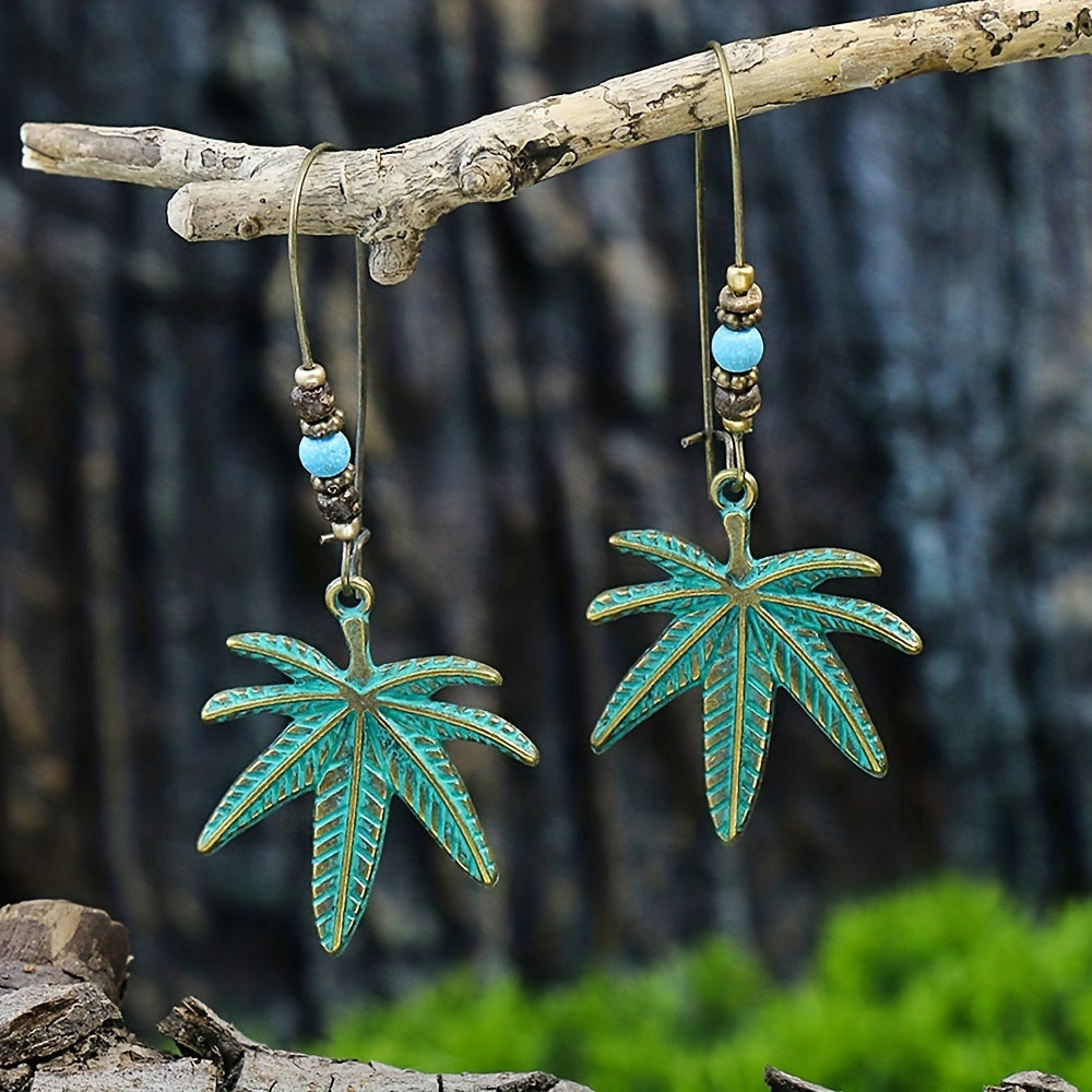 Retro Style Antique Bronze Smeared Blue Leaf Hollow Pendant Large Ear Hook Women's Earrings