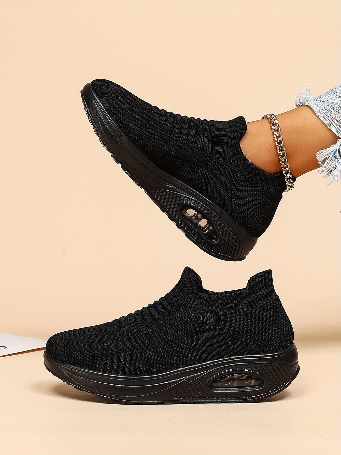 Women's Air Cushion Sneakers, Breathable Round Closed Toe Low Top Slip On Shoes, Women's Casual Knitted Shoes