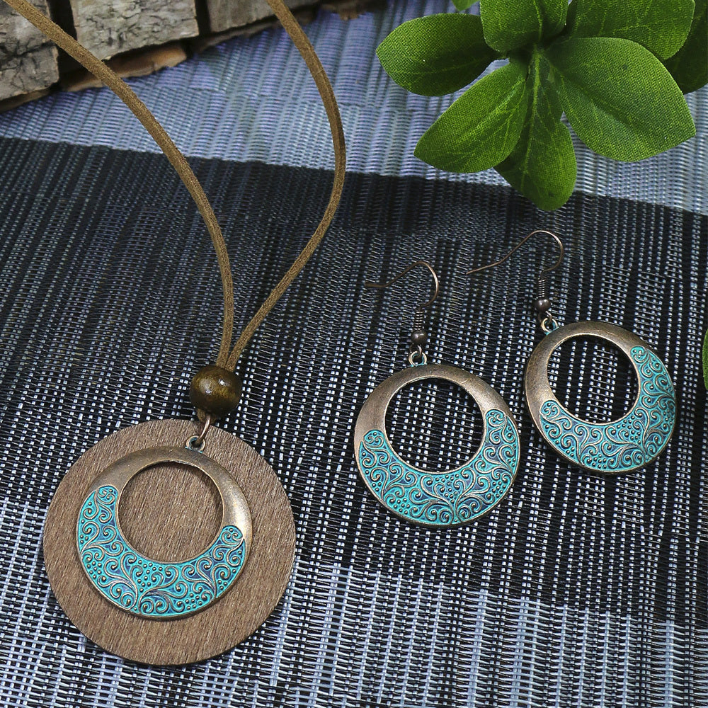 3pack Ancient Folk Wooden Round Plus Geometric Ancient Copper Layered Charm Earrings Necklace Set