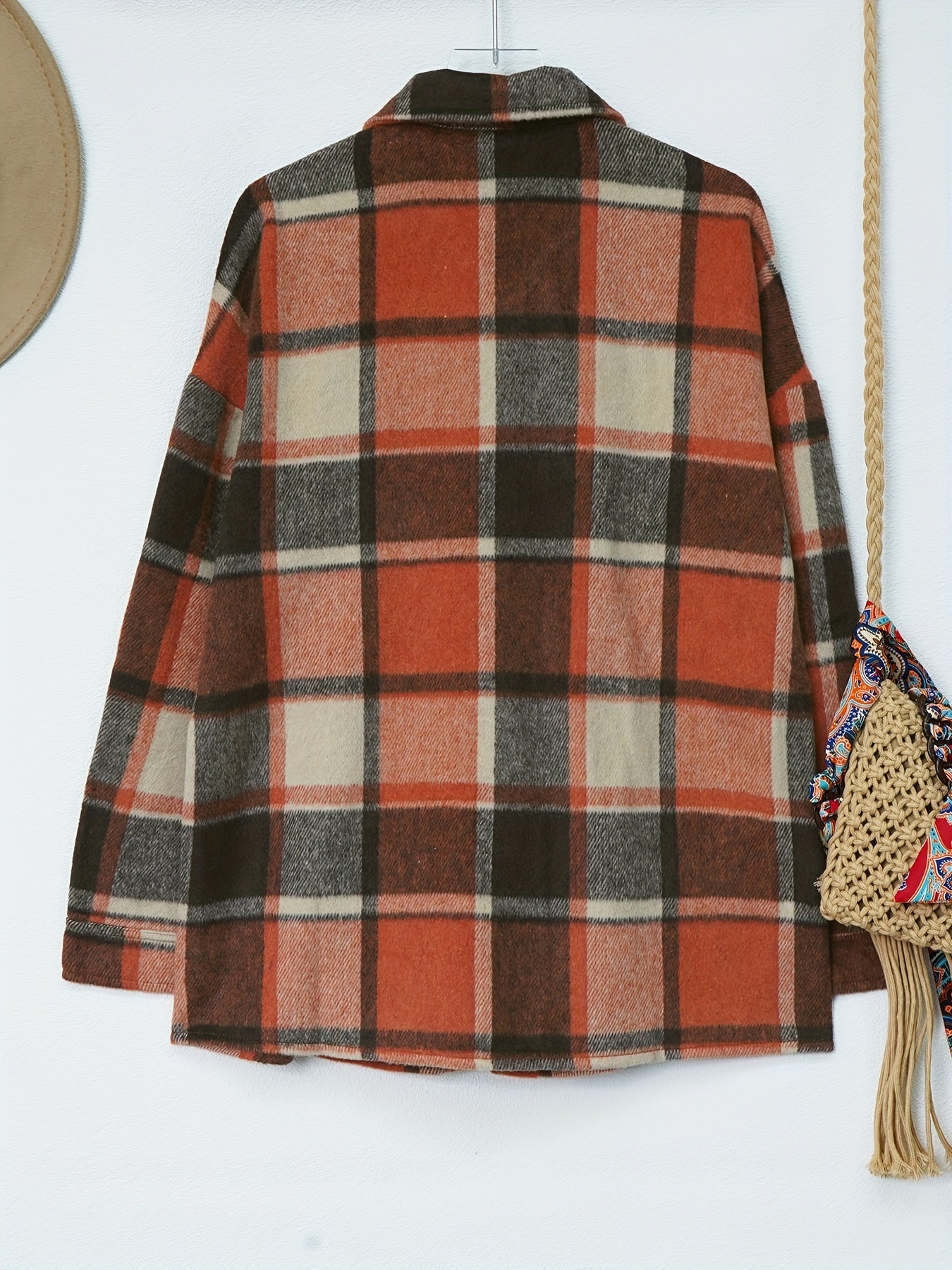 Drop Shoulder Plaid Shirt Jacket, Loose Long Sleeve Casual Plaid Shacket For Spring & Fall, Women's Clothing