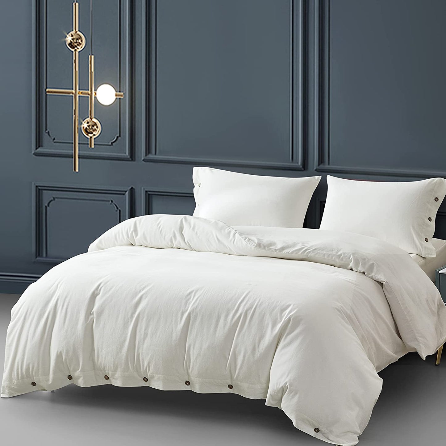 Soft and Durable Modern White Duvet Cover Set with Coconut Button Closure and Corner Strings for Queen/King Beds