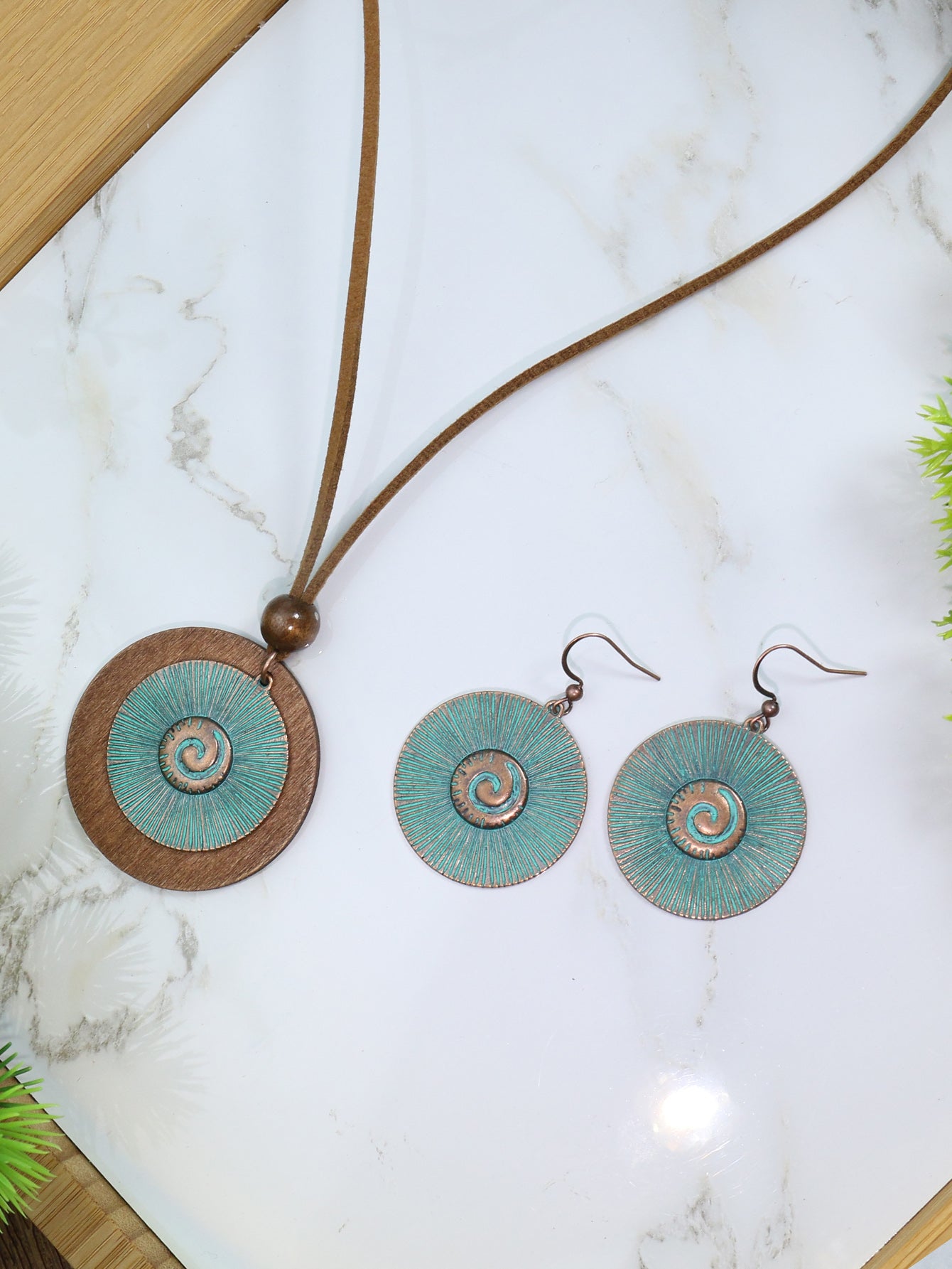 3 Pieces Vintage Wood Round Bronze Alloy Double Layer Pendant Geometric Totem Leather Beaded Rope Chain Earrings Necklace Set