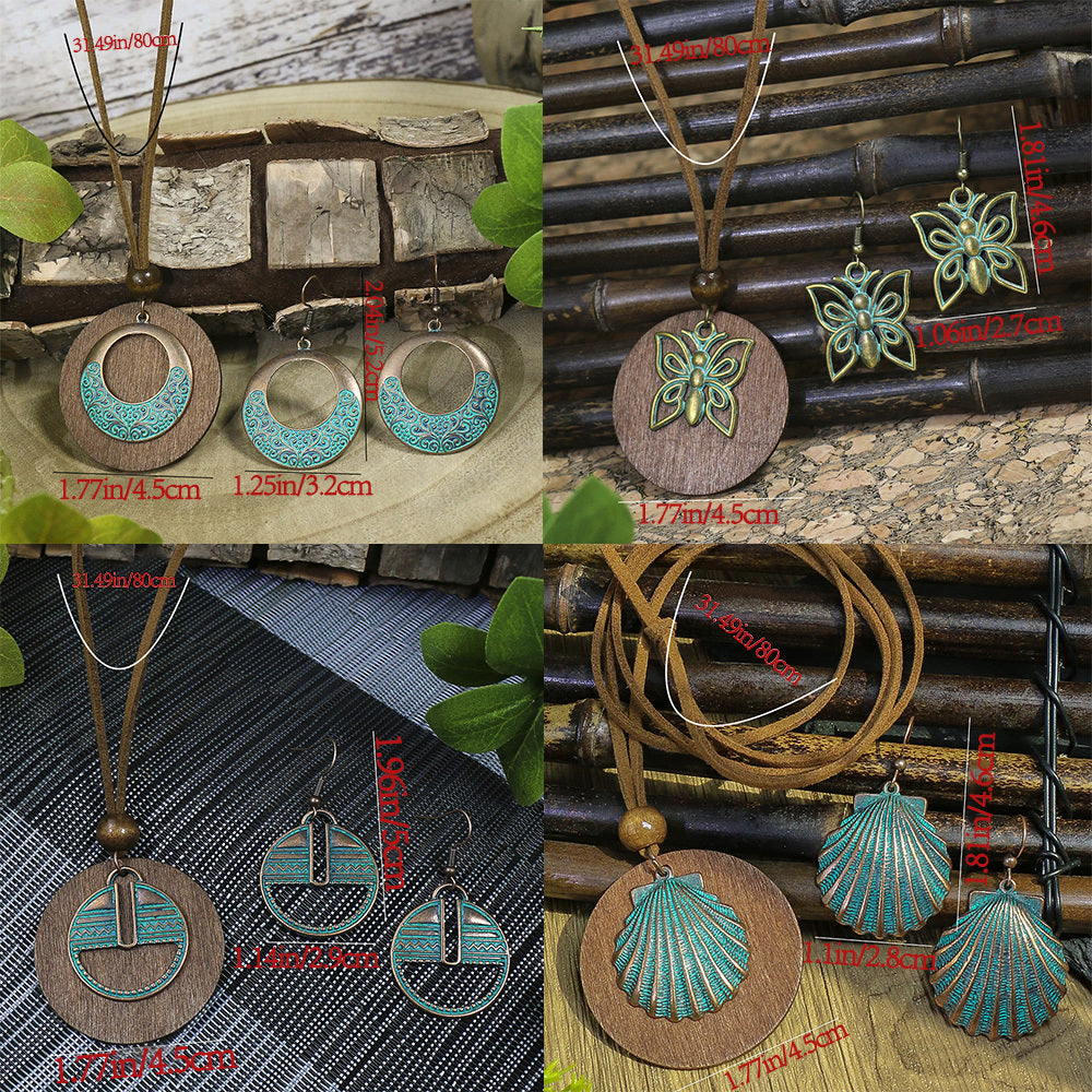 3pack Ancient Folk Wooden Round Plus Geometric Ancient Copper Layered Charm Earrings Necklace Set