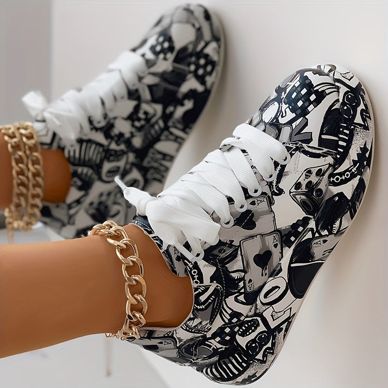 Women's Lace-Up Low-Top Sneakers - Thick Platform Sole for Stability & Height - Non-Slip MD Outsole - Bold Black/Red/White Graffiti Print - Synthetic Leather Upper - Skateboarding, Streetwear, Everyday Shoes - All-Season Wome