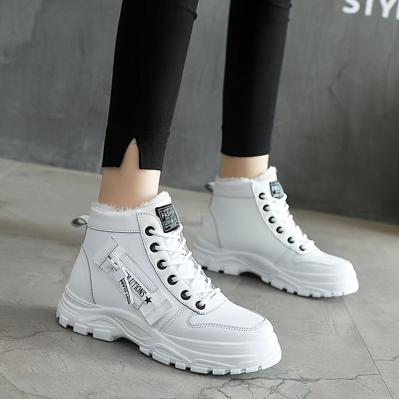 Women's Casual High Top Shoes, Winter Plush Lined Warm Shoes, Thick Soled Lace-up Sports Shoes plus size