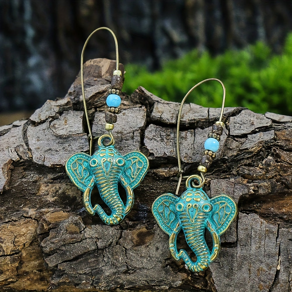 Retro Style Antique Bronze Smeared Blue Leaf Hollow Pendant Large Ear Hook Women's Earrings