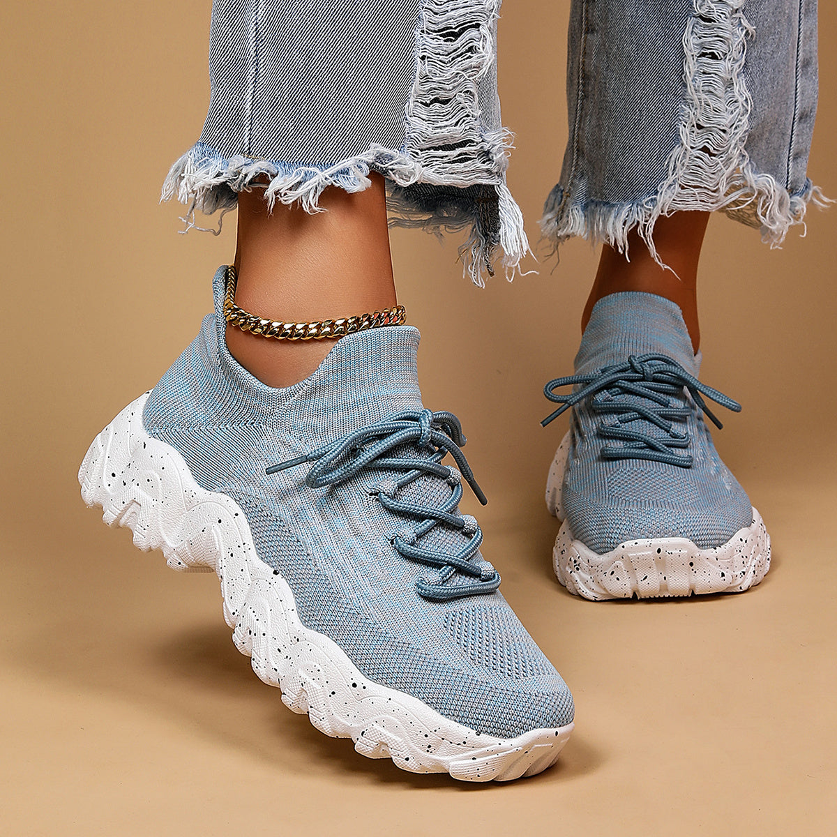 [Breathable Fabric Women's Socks Sneakers] Women's Breathable Fabric Socks Sneakers, Flying Woven Lace-Up Chunky Sneakers, Elastic Running Shoes
