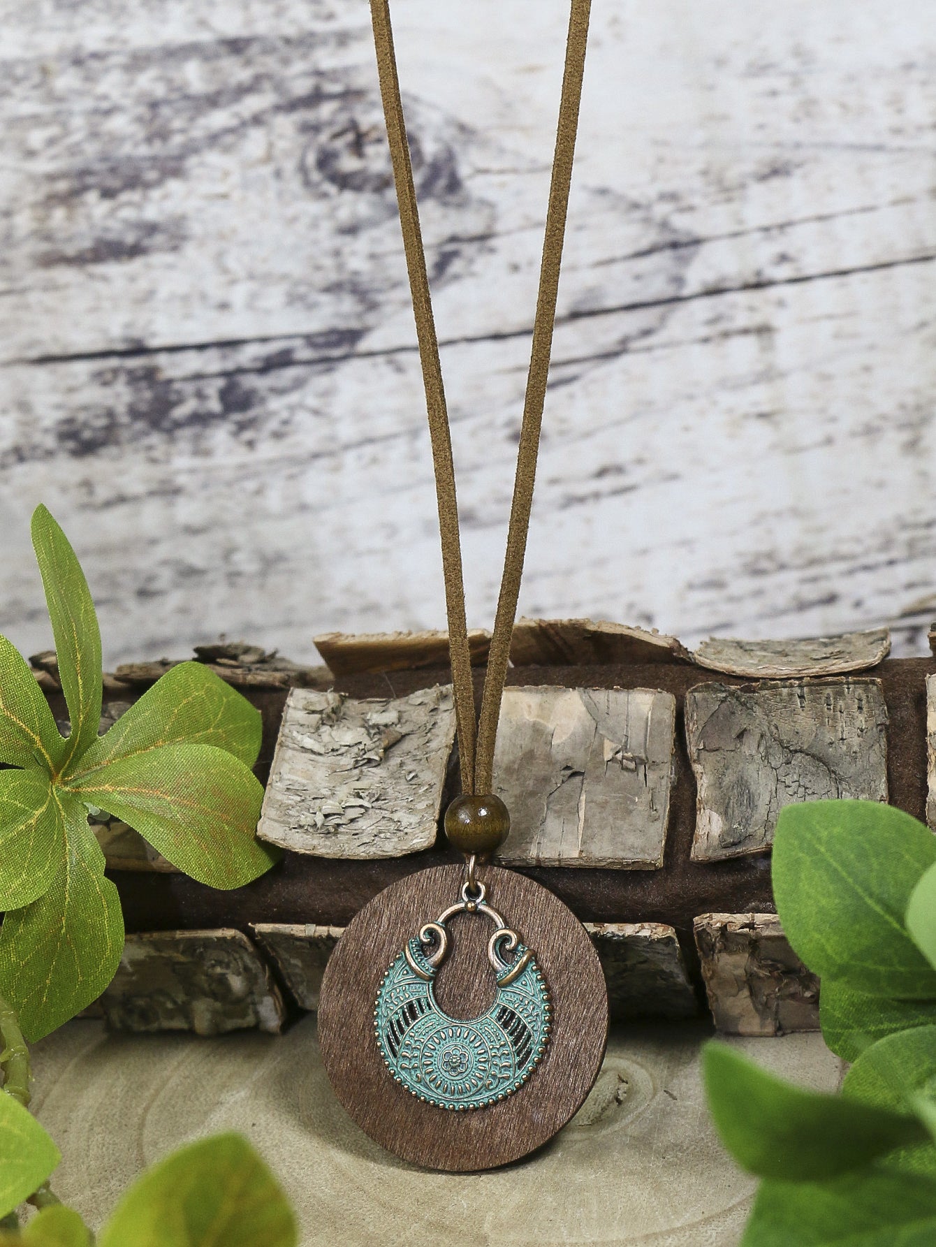 3pack Ancient Folk Wooden Round Plus Geometric Ancient Copper Layered Charm Earrings Necklace Set