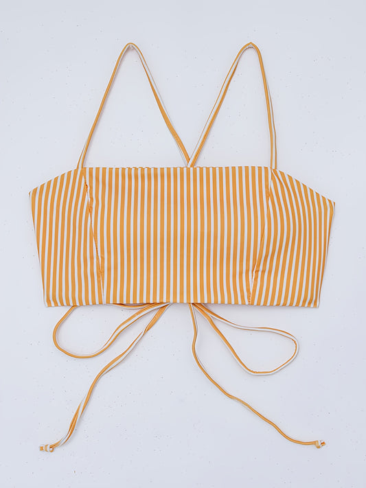 Two Piece High Cut Yellow & White Striped High Waist Bikini Swimsuit - Off the Shoulder, Cross Strap, High Stretch, Random Print - Polyester and Spandex Blend, Sleeveless, Conventional Bottom, Perfect for Swimming