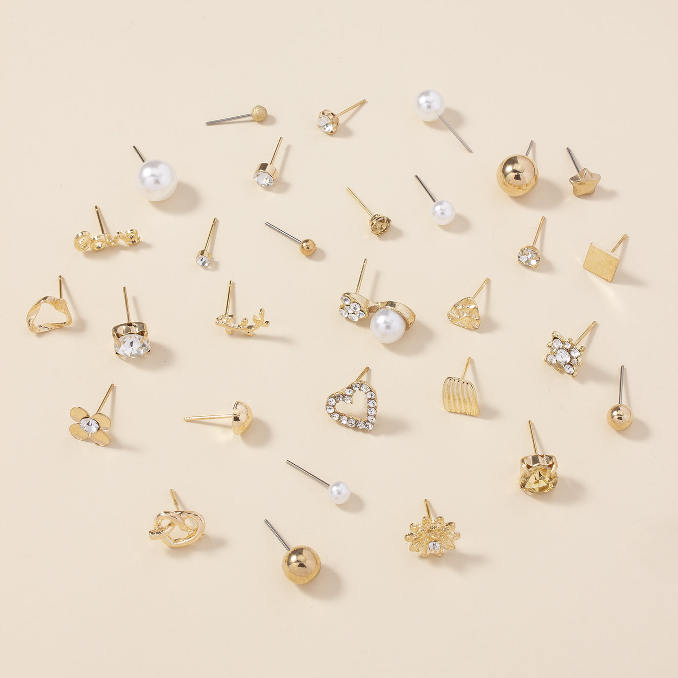30 Pairs Alloy Full Rhinestones Love Round Faux Pearl Letter Stud Earrings Set