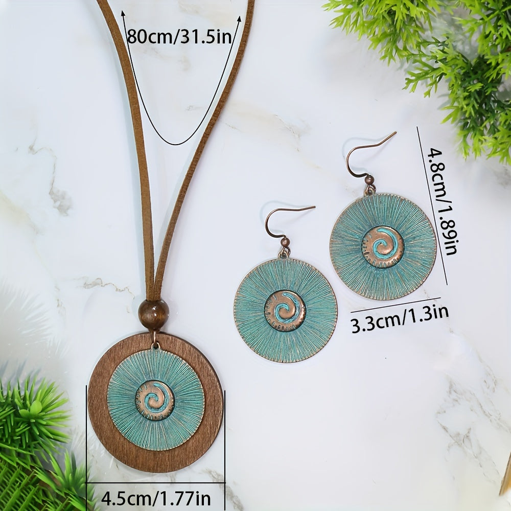 3 Pieces Vintage Wood Round Bronze Alloy Double Layer Pendant Geometric Totem Leather Beaded Rope Chain Earrings Necklace Set