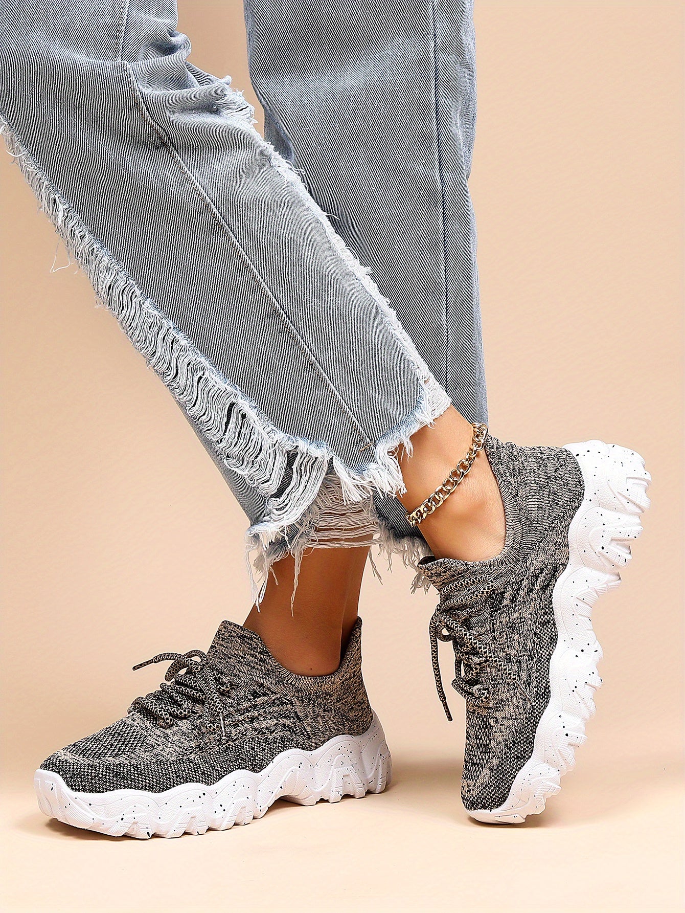 [Breathable Fabric Women's Socks Sneakers] Women's Breathable Fabric Socks Sneakers, Flying Woven Lace-Up Chunky Sneakers, Elastic Running Shoes