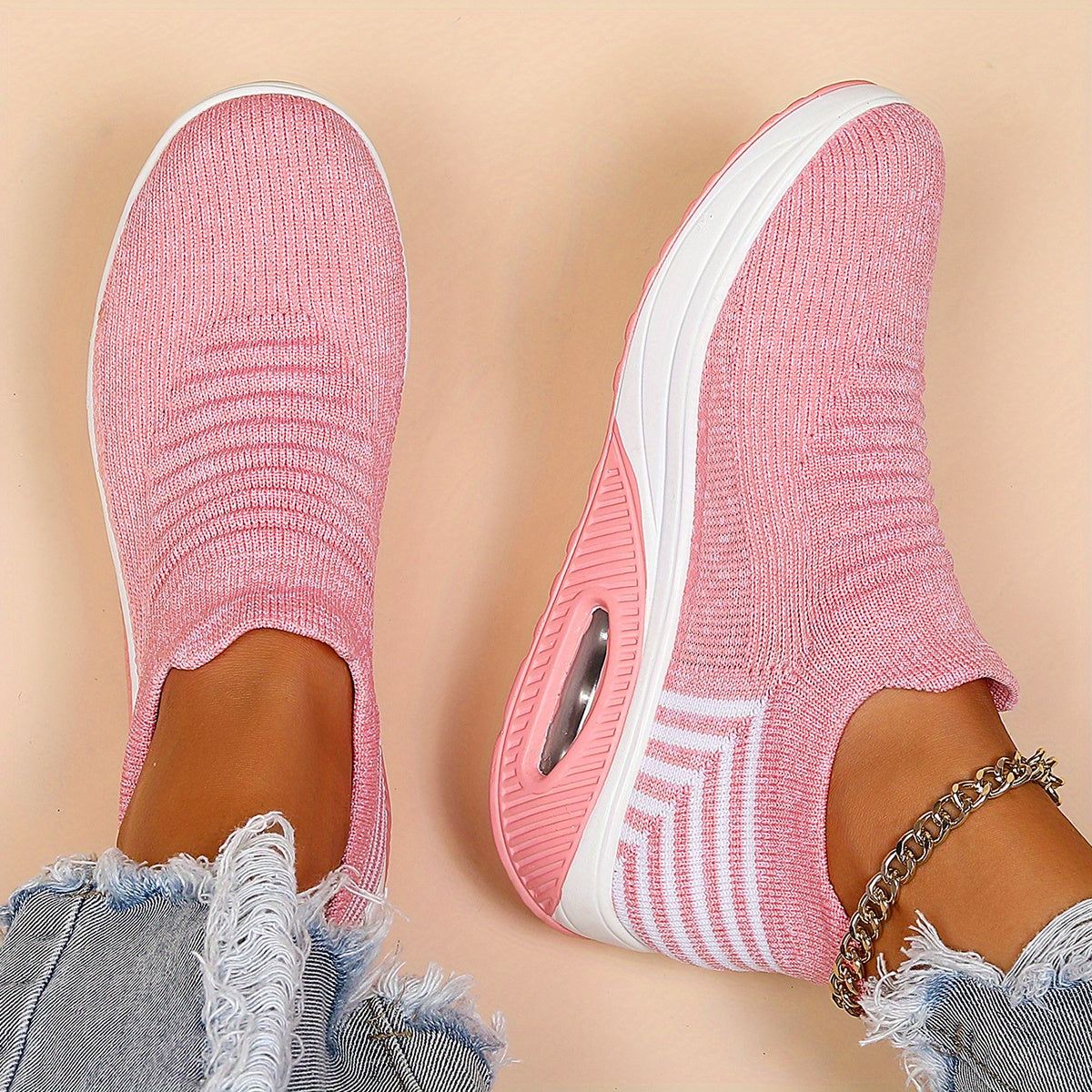Women's Air Cushion Sneakers, Breathable Round Closed Toe Low Top Slip On Shoes, Women's Casual Knitted Shoes