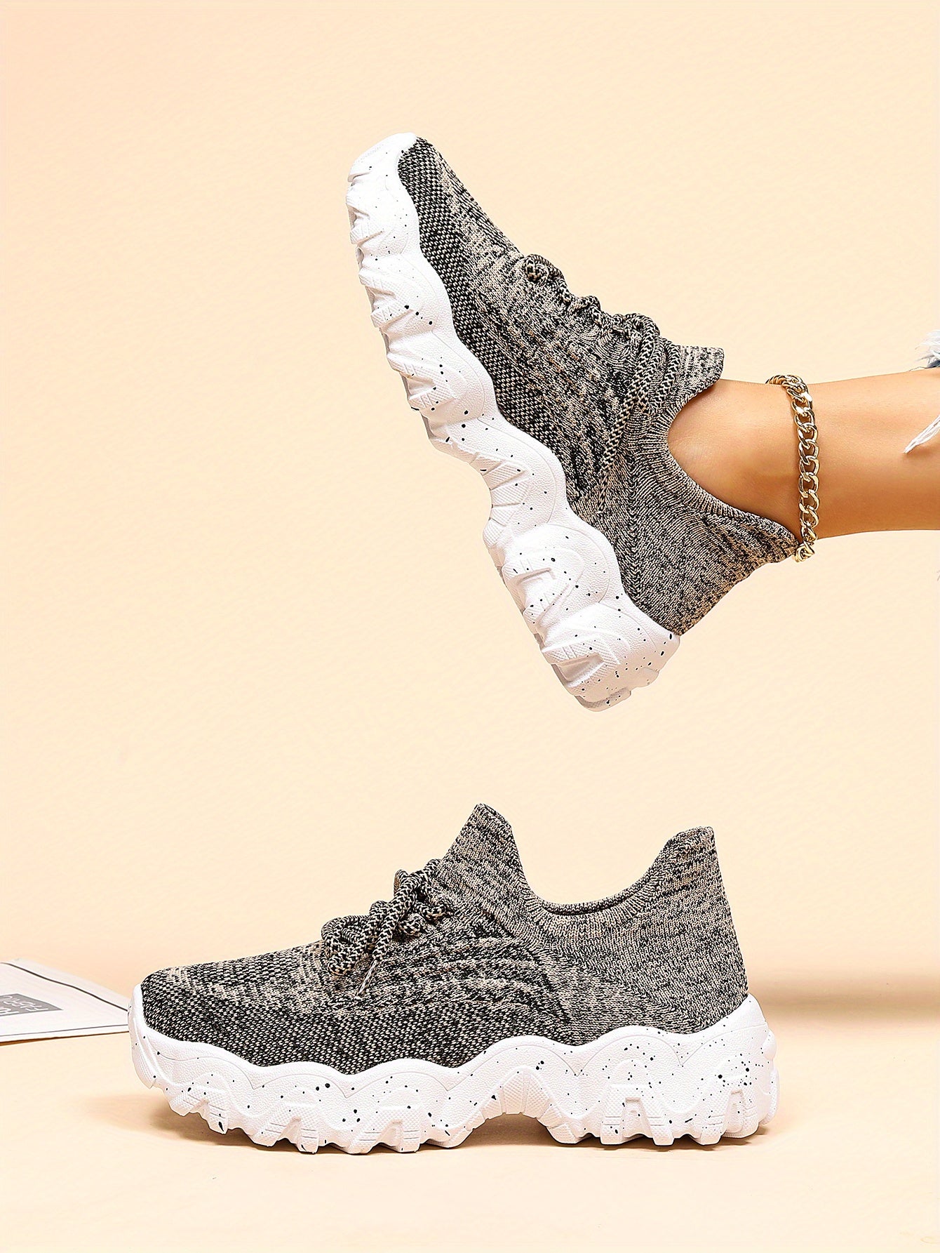 [Breathable Fabric Women's Socks Sneakers] Women's Breathable Fabric Socks Sneakers, Flying Woven Lace-Up Chunky Sneakers, Elastic Running Shoes