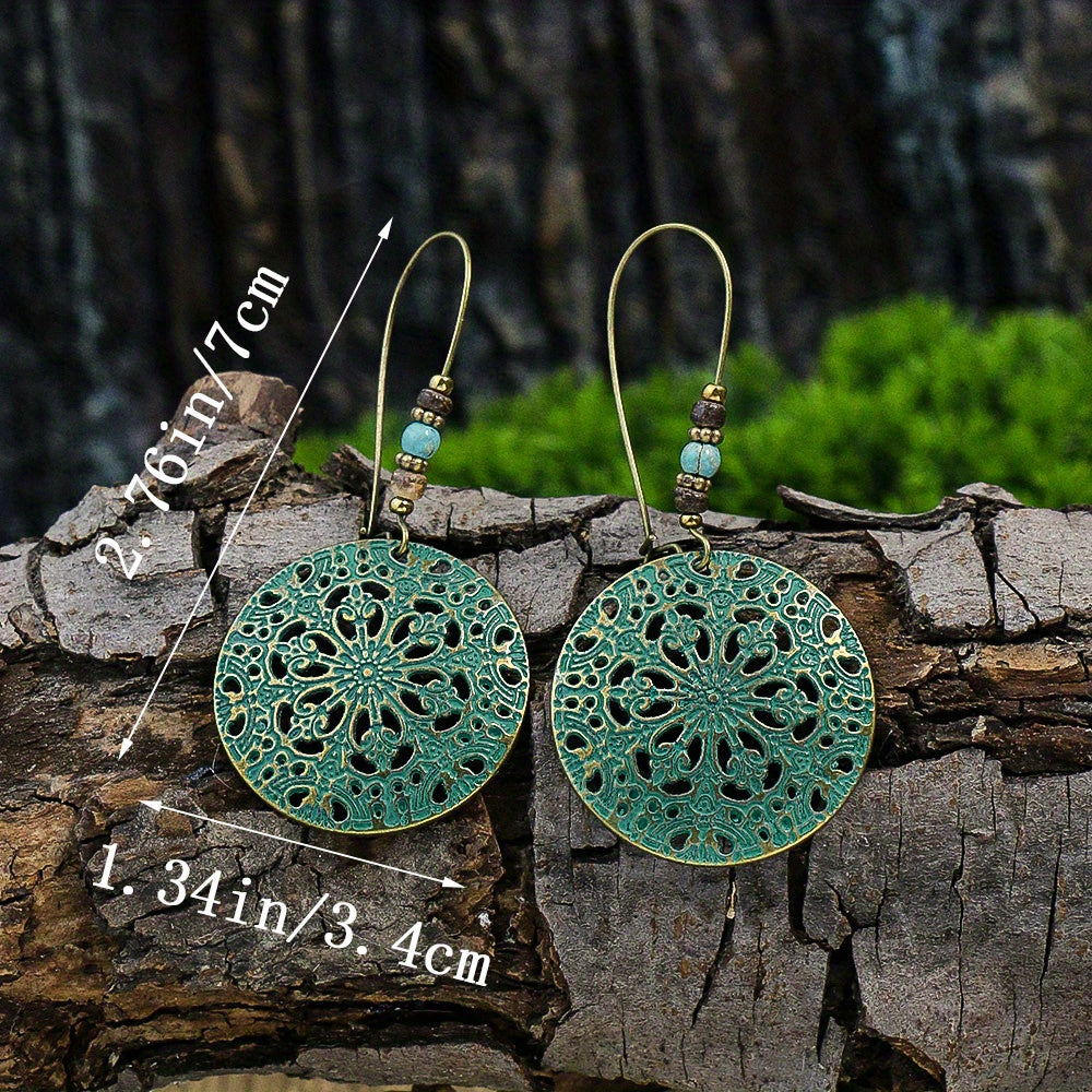 Retro Style Antique Bronze Smeared Blue Leaf Hollow Pendant Large Ear Hook Women's Earrings
