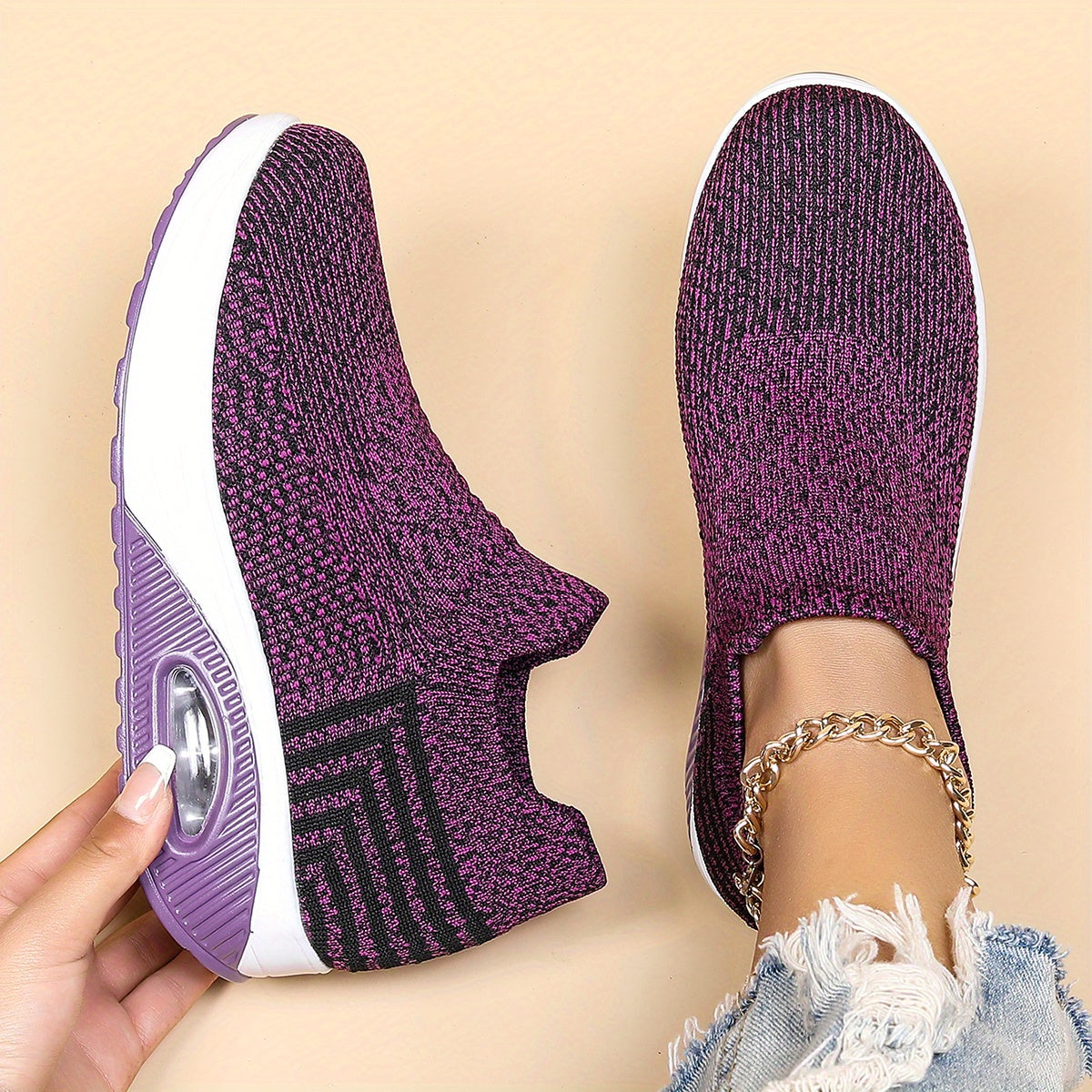 Women's Air Cushion Sneakers, Breathable Round Closed Toe Low Top Slip On Shoes, Women's Casual Knitted Shoes