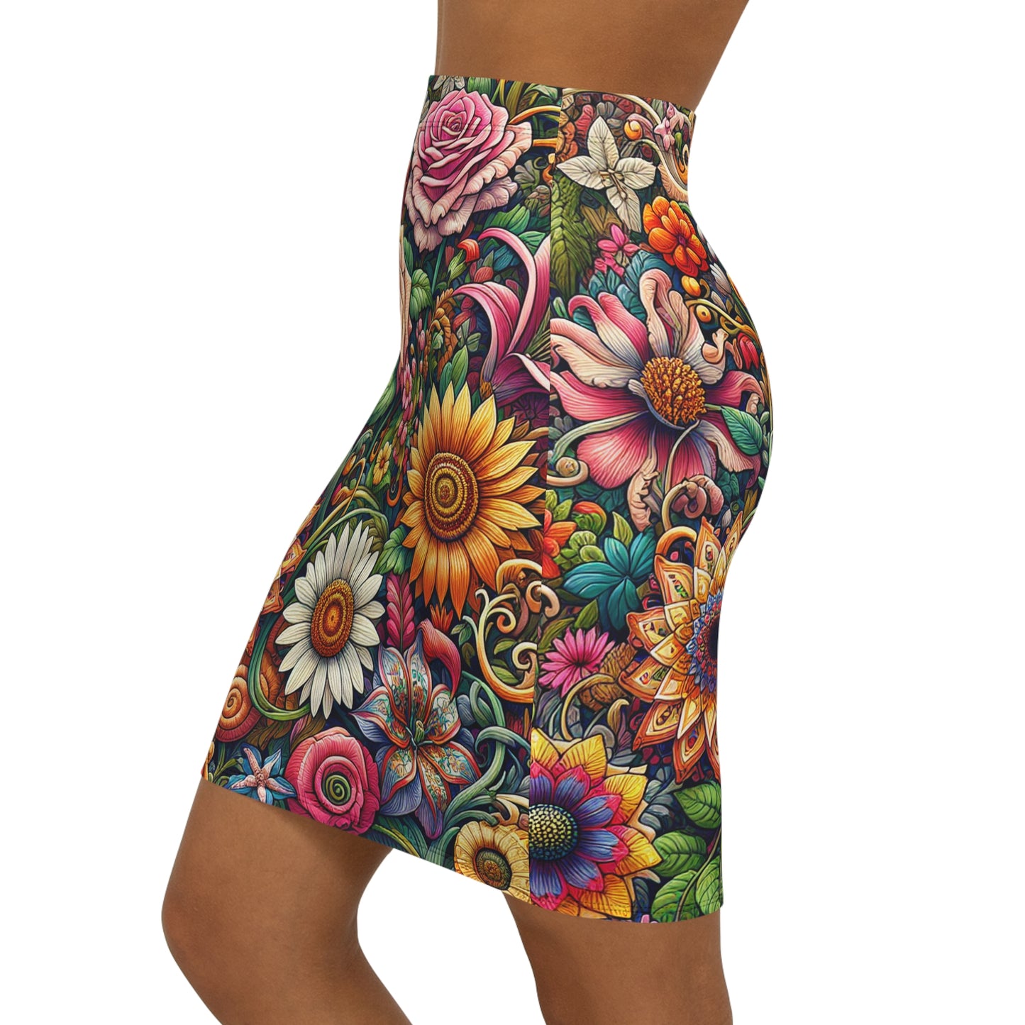 Vibrant Floral Mid-Waist Pencil Skirt - Boho Chic Design for Everyday Elegance