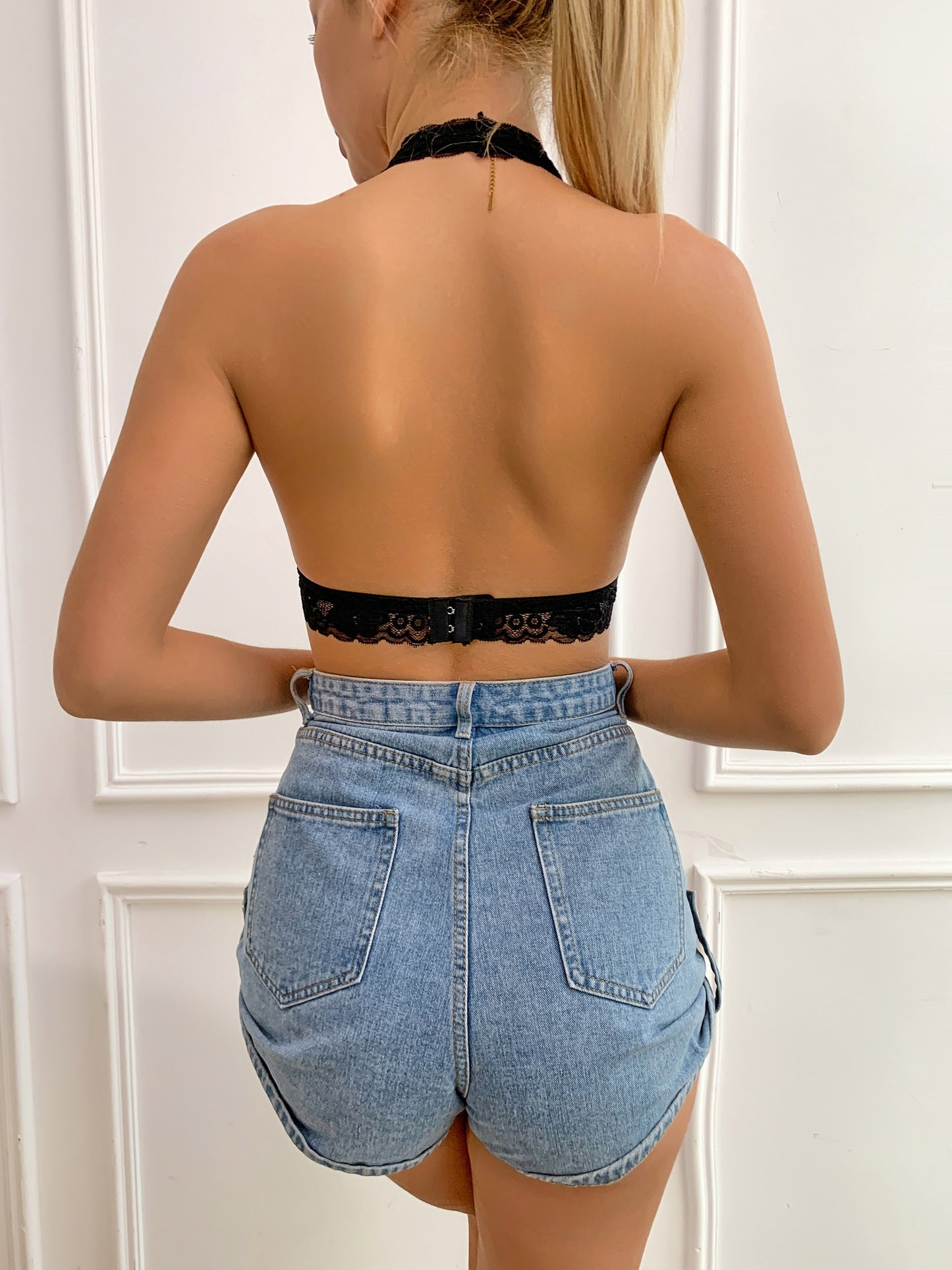 Floral Lace Halter Bralette For Women, Wireless Bra Lingerie With Removable Padded Halter Crop Top