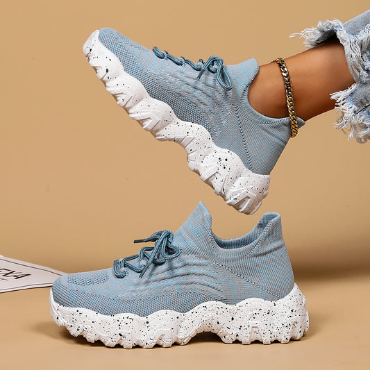 [Breathable Fabric Women's Socks Sneakers] Women's Breathable Fabric Socks Sneakers, Flying Woven Lace-Up Chunky Sneakers, Elastic Running Shoes