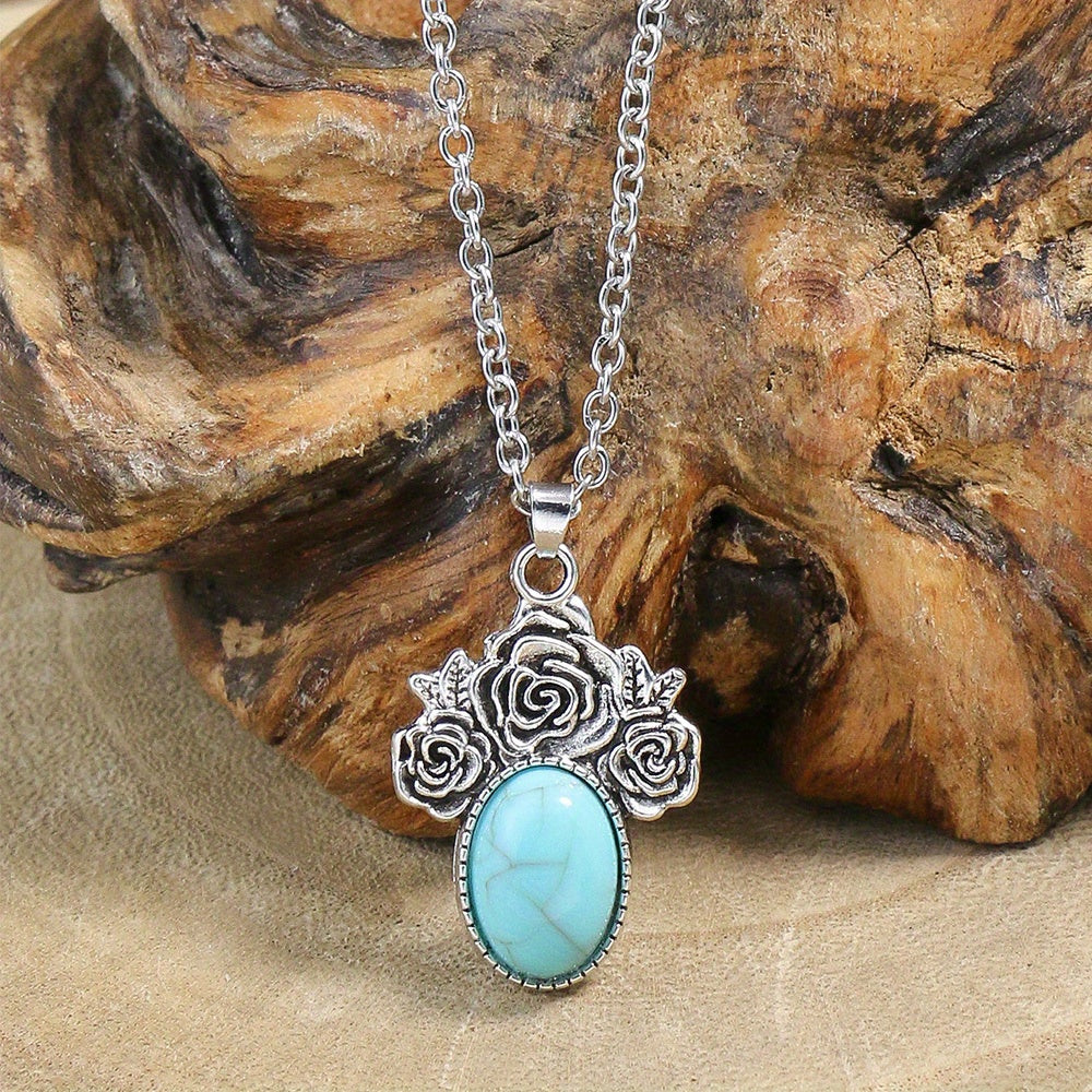 1 Pair Earrings/1 Pair Earrings+1pc Necklace, Retro Ethnic Style Women's Jewelry Set Round Antique Silvery Pendant Geometric Totem Inlaid With Simulated Green Rhinestones Embellished Earrings And Necklace Set